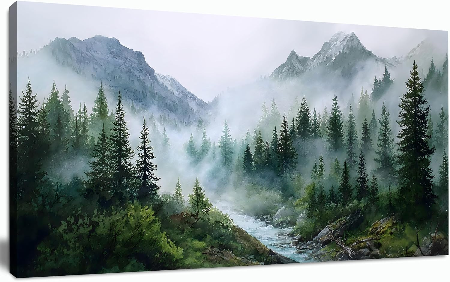 Trogonup Large Misty Forest Wall Art for Living Room Green Mountain Landscape Canvas Prints with Trees and River Modern Nature Artwork for Bedroom Office Home Decor 20″x40″