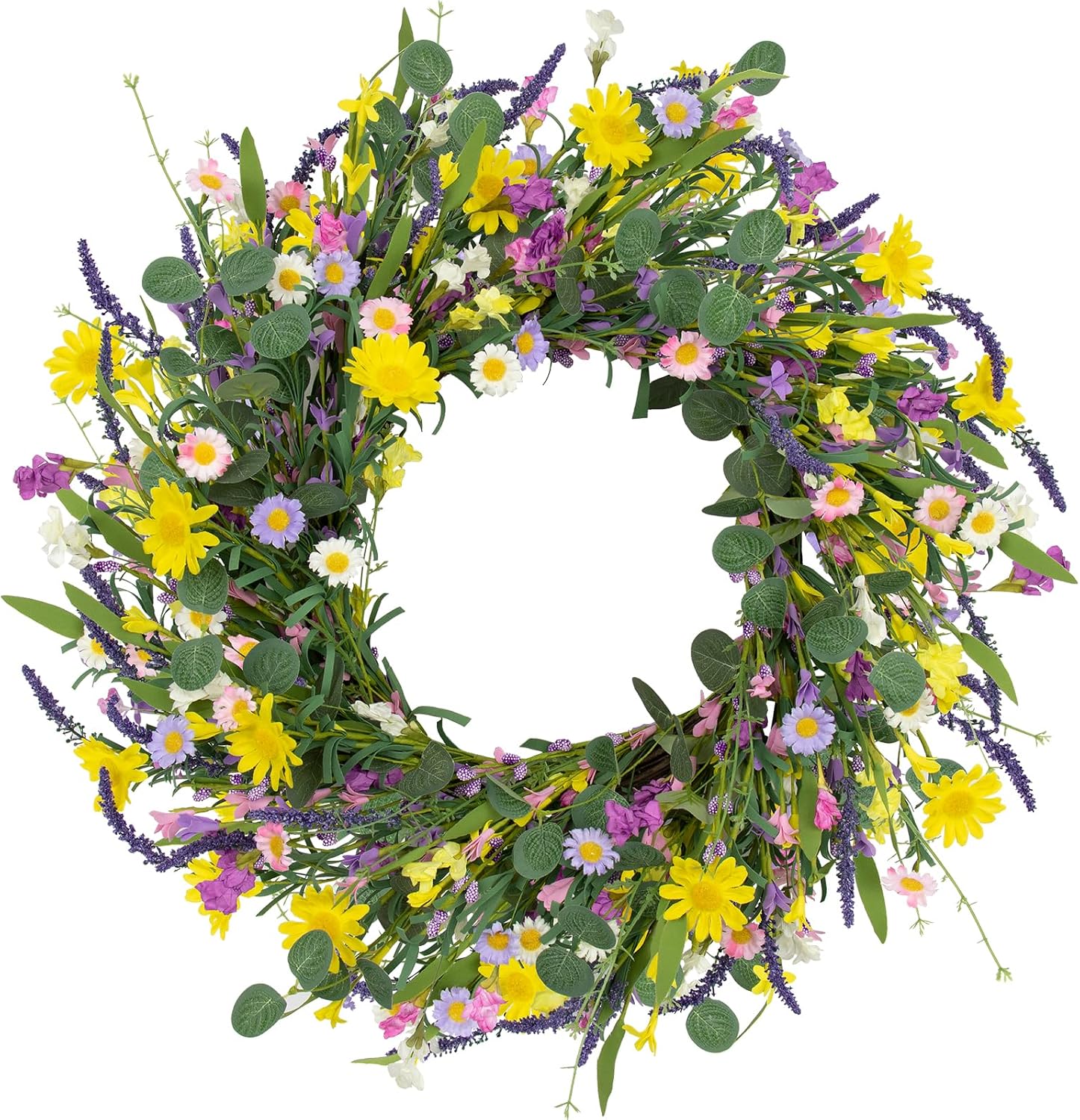 LLZLL Spring Decorations for Home 22″ Spring Wreath Artificial Summer Wreaths with Eucalyptus Leaf Lavender and Daisy for Easter Indoor Outdoor Home Festival Celebrations