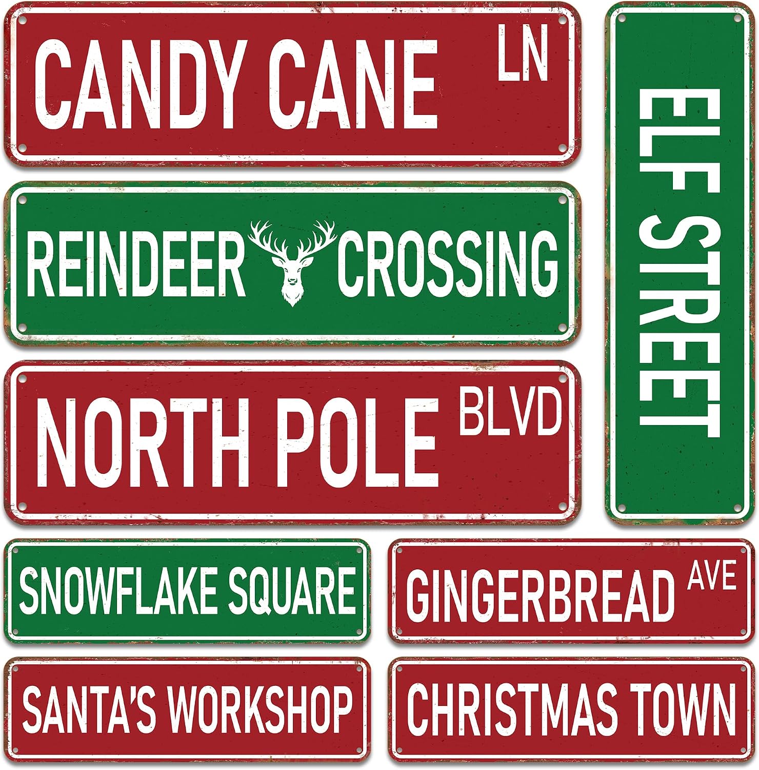 Candy Cane Lane Christmas Decorations 8 Pack, Double-Sided Vintage Street Signs of North Pole/Santa’s Workshop/Gingerbread & More, All-Weather Outdoor Christmas Signs Yard Tree Ornament, 4 x 14 Inch