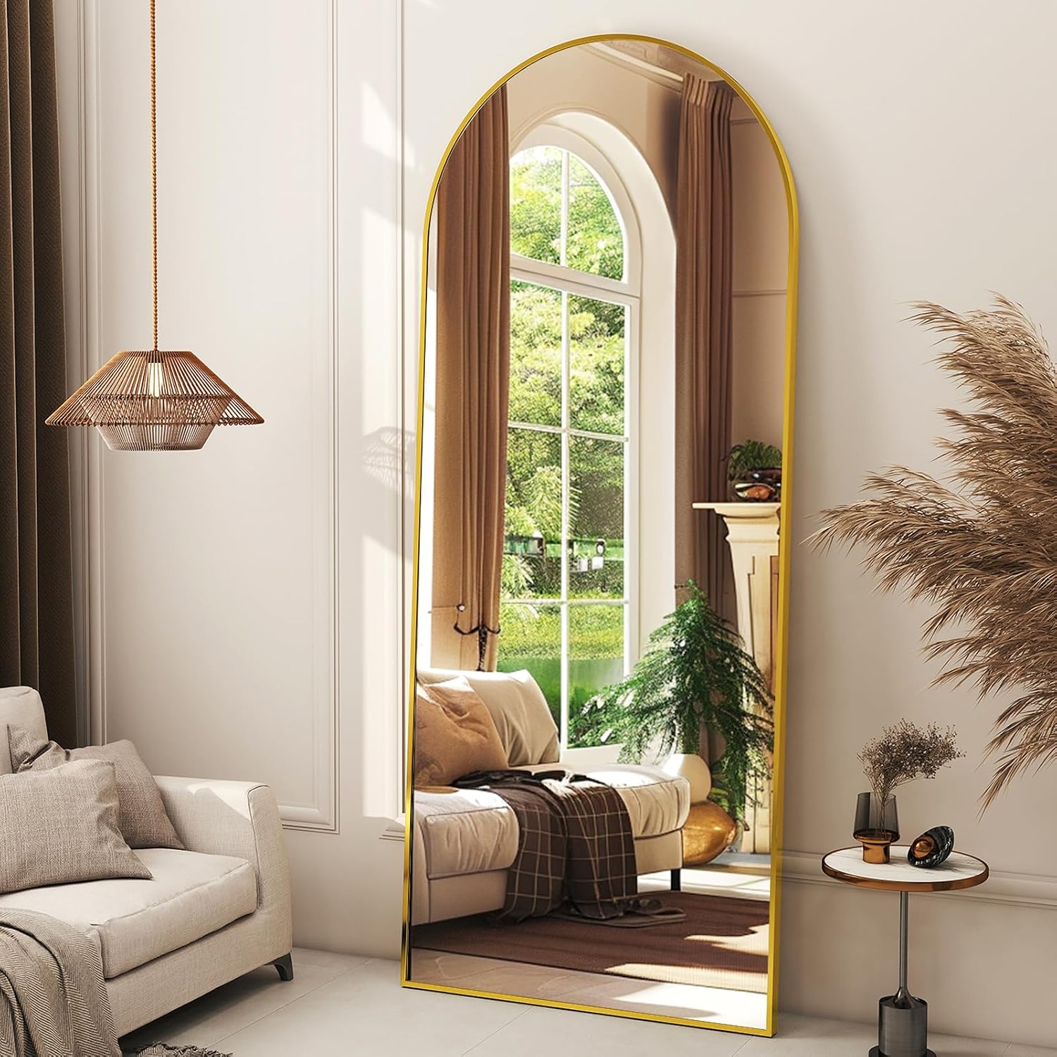 XRAMFY 56″ x21 Gold Arched Full Length Mirror Floor Mirrors with Stand | Aluminum Alloy Frame Free-Standing Wall Mounted Floor Mirrors or Large Dressing Mirror, Gold Mirror Full Length