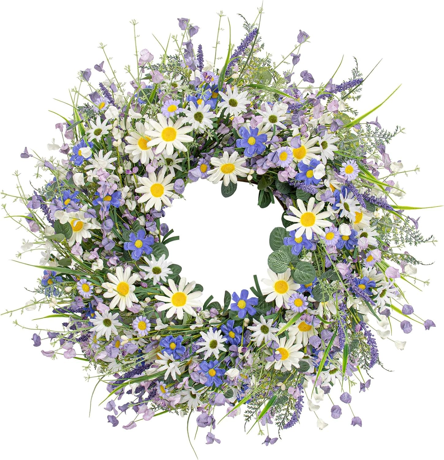 22 Inches Summer Wreaths for Front Door Blue Summer Door Wreath Spring Floral Wreath with Wildflower Lanvender for Wall Porch Indoors Outdoor Window Home Decorations