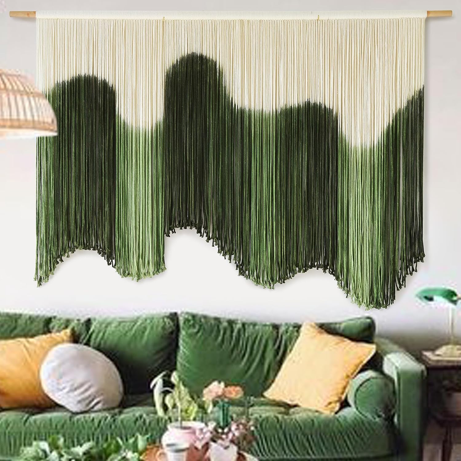 Macrame Wall Hanging Green Hand-Dyed Ombre Fiber Art Geometric 57″W*39″L | Bedroom Accent, Living Space Styling, Cotton Cord Craft, Boho Interior, Apartment Accent, Housewarming Idea, Dorm Styling