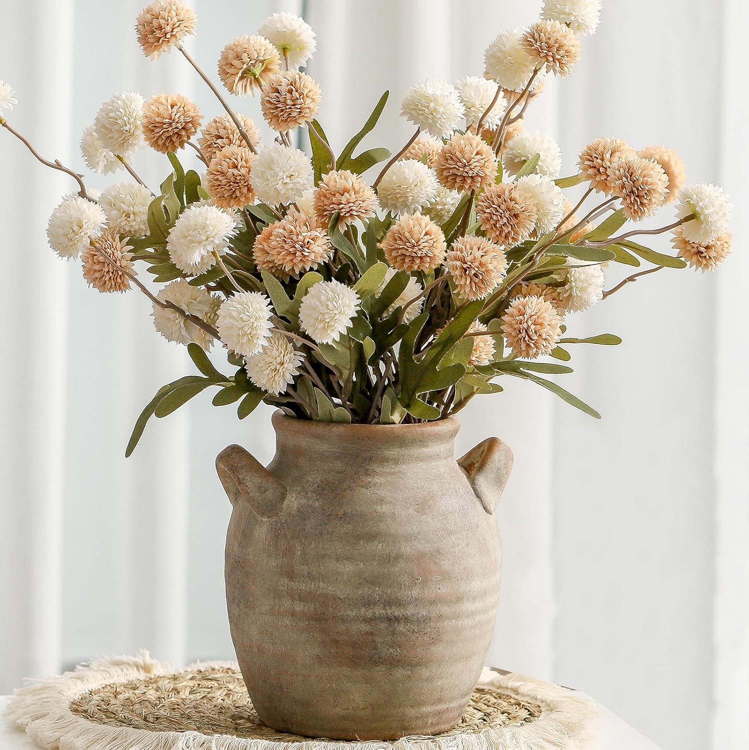 Vanselia Ceramic Flower Vase Home Decor – Farmhouse Table Vases with Handle Living Room Decoration Vintage Decorative Aesthetic for Shelf Coffee Dining Desk House Bookshelf Fireplace (7.1″ Retro)