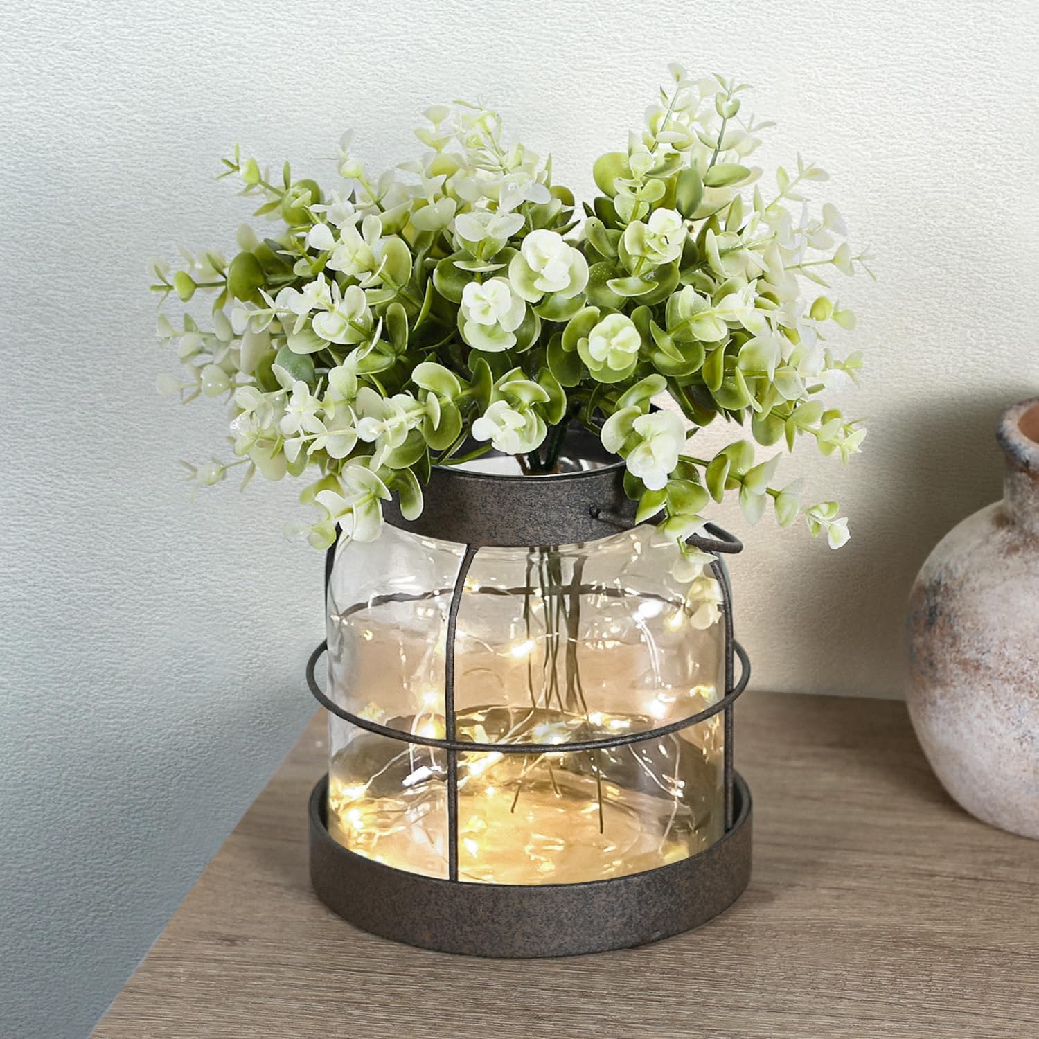 Dnnnii Vintage Glass Farmhouse Vase – Handmade Rustic Lantern Planter with Bonus Artificial Flowers & LED Lights (Home Decor Centerpiece), Farmhouse Wedding/Easter Decor, Housewarming Gift