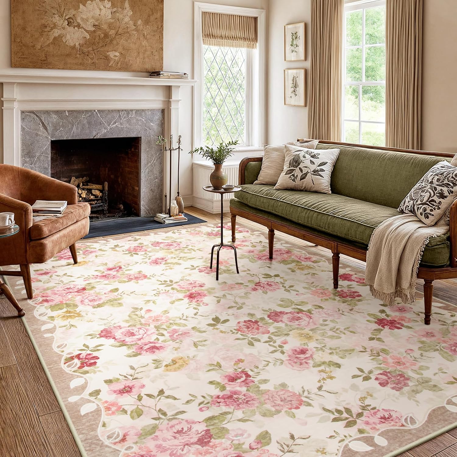 Lahome Floral Washable Rugs 5×7,Rugs for Living Room Pink Area Rug,Vintage Rugs for Bedroom Girls Non Slip Low Pile Ultra-Thin Large Carpet for Office Dining Room,Kids Playroom Nina (5’X7′,Beige)