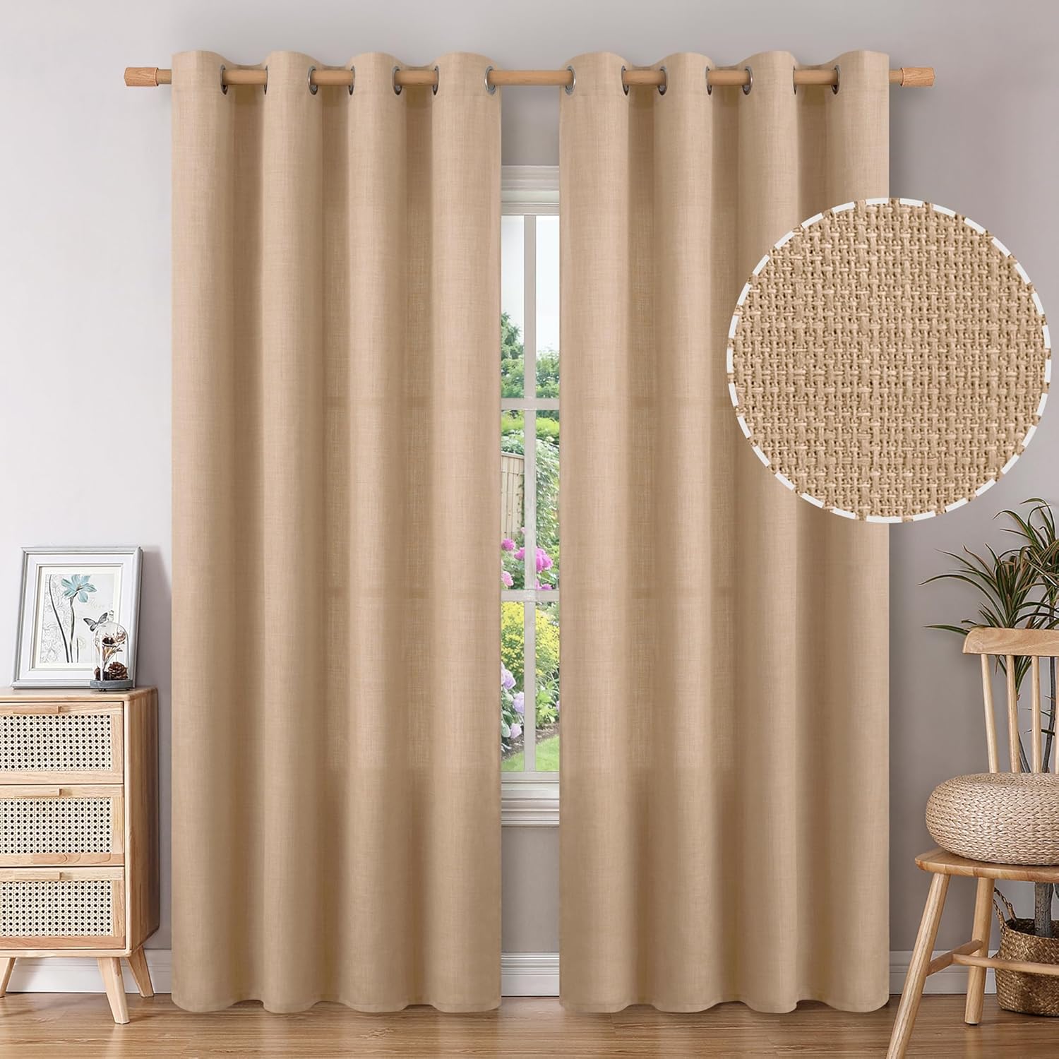 BGment Tan Curtains 84 Inch – Linen Burlap Texture Light Filtering Semi Sheer Boho Farmhouse Window Panels for Living Room, Set of 2, 52″ Wide