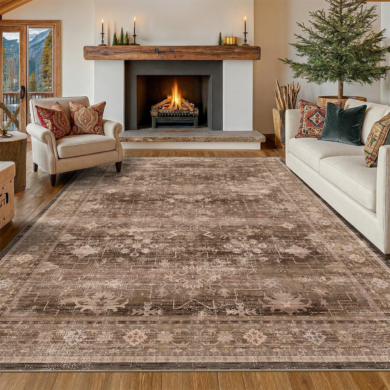 Hazo Haus Boho Taupe Brown Living Room Rug 8×10 – Modern Vintage Traditional Eclectic Oriental Neutral, Washable Low Pile Non-Slip Extra Large Area Rugs for Dining Under Table Bedroom Lounge