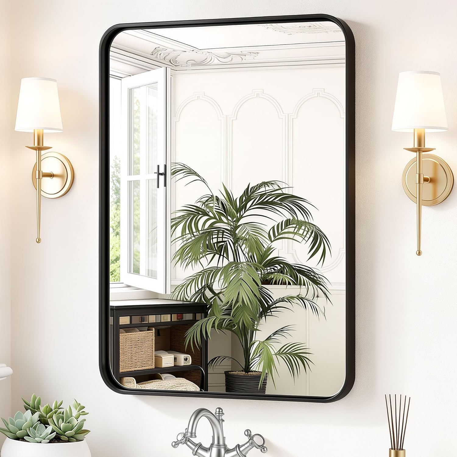 Sweetcrispy Bathroom Wall Mirror, 36×24 Inch Mirror for Over Sink, Black | Modern Wall Mount Vanity Mirror Rounded Rectangle with Matte Brush Metal Framed, for Home Decor, Living Room, Bedroom