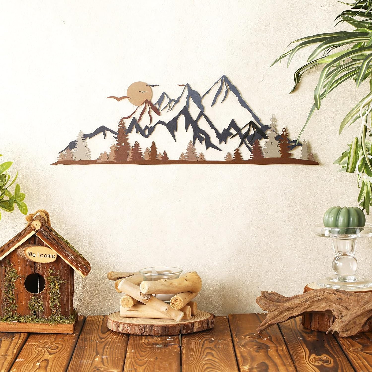 Demissle Metal Mountain Wall Art Blue Ridge Mountain Wall Decor Nature Forest Tree Sticker 15.7 x 5.3 Inch Summit Rustic Sign Scene Art Decor for Home Living Room Bedroom Indoor Outdoor(Colorful)