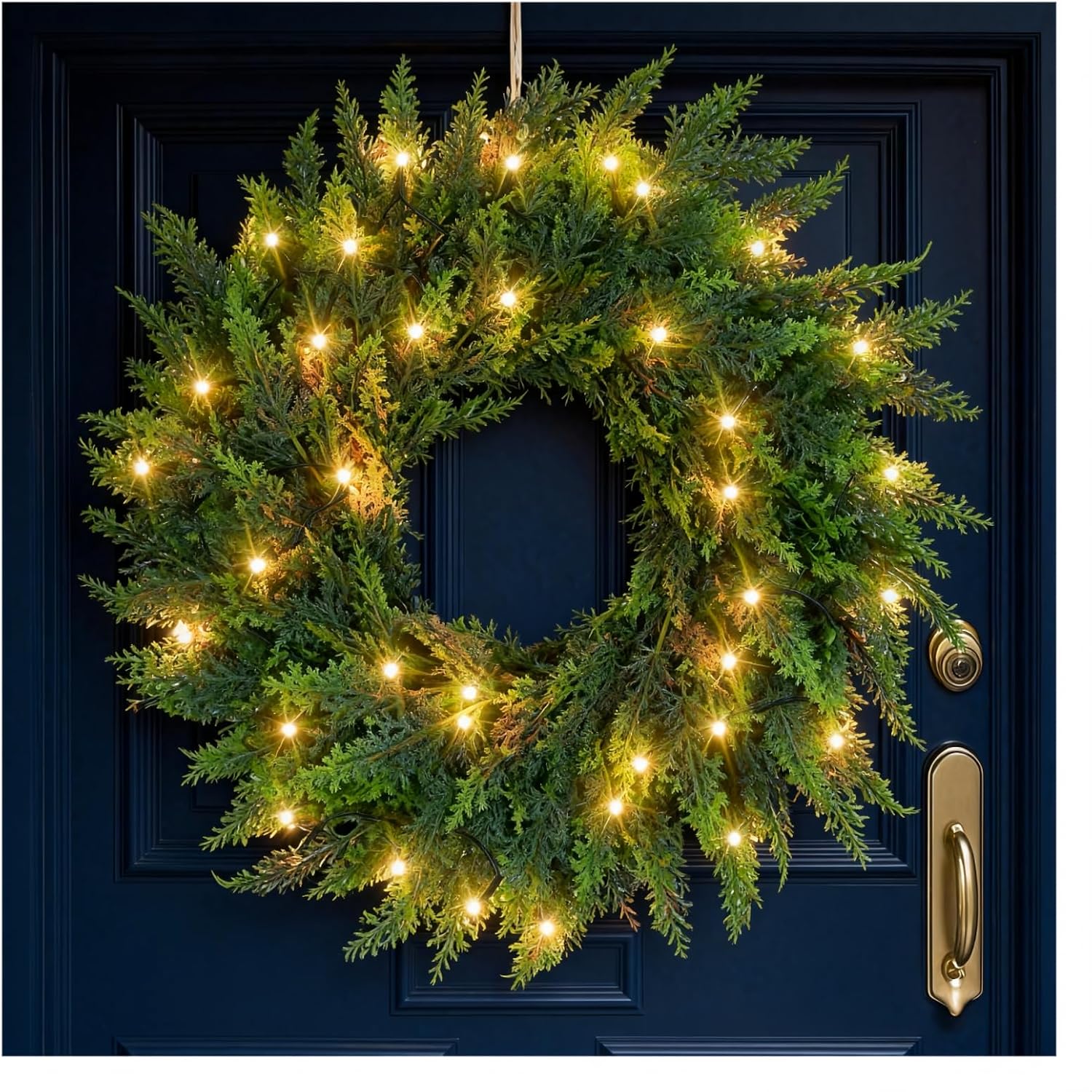 24″ Real Touch Christmas Wreath with Lights – Pre-Lit Artificial Cedar Greenery Christmas Door Wreath, Realistic Christmas Wreath Outdoor for Front Door or Holiday Home Décor