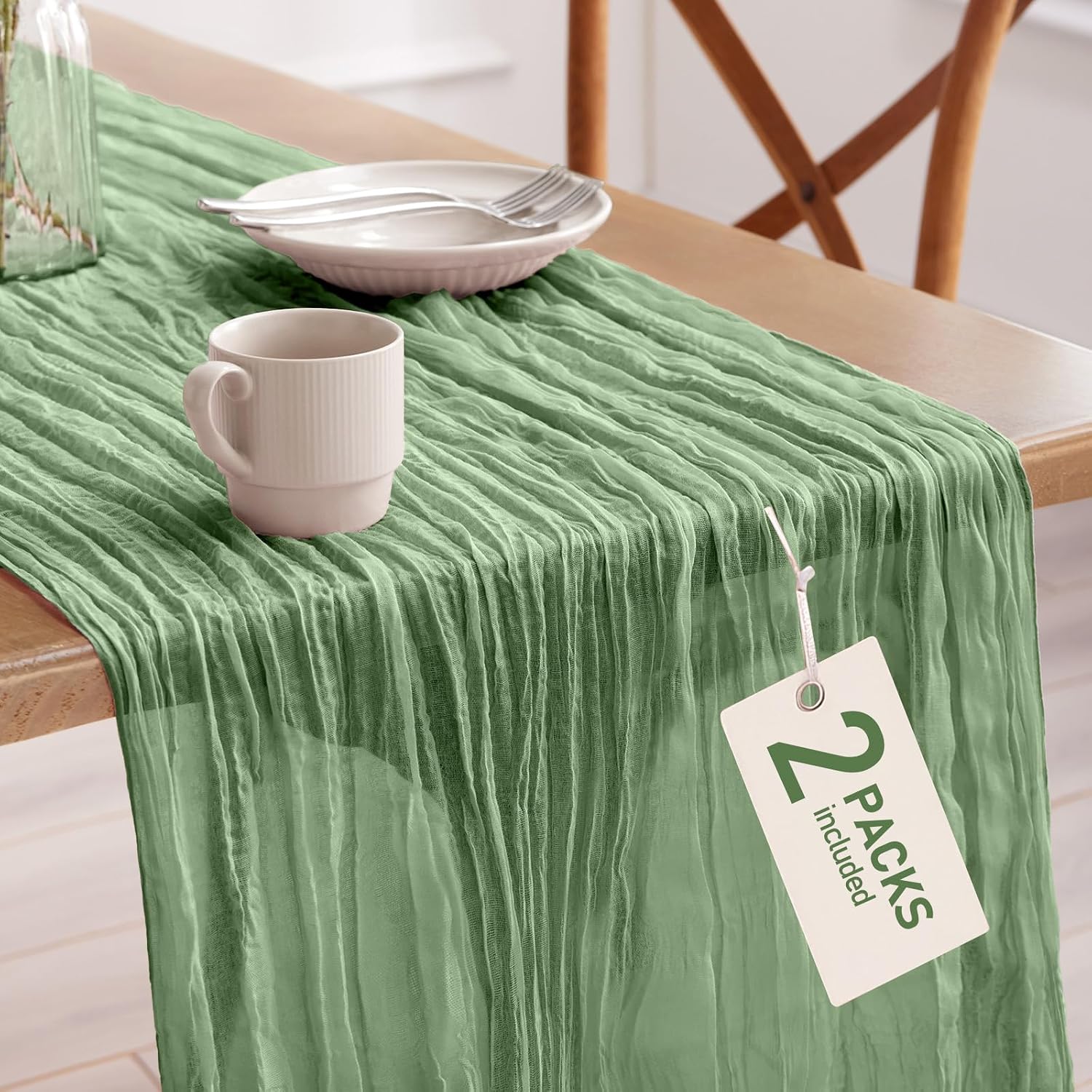 Pureegg 2-Pack Cheesecloth Table Runner, 120” Easter Spring Boho Gauze Table Runner Decorations for Party, Baby Shower, Wedding and Farmhouse, Fabric Room Decor, Sage Green