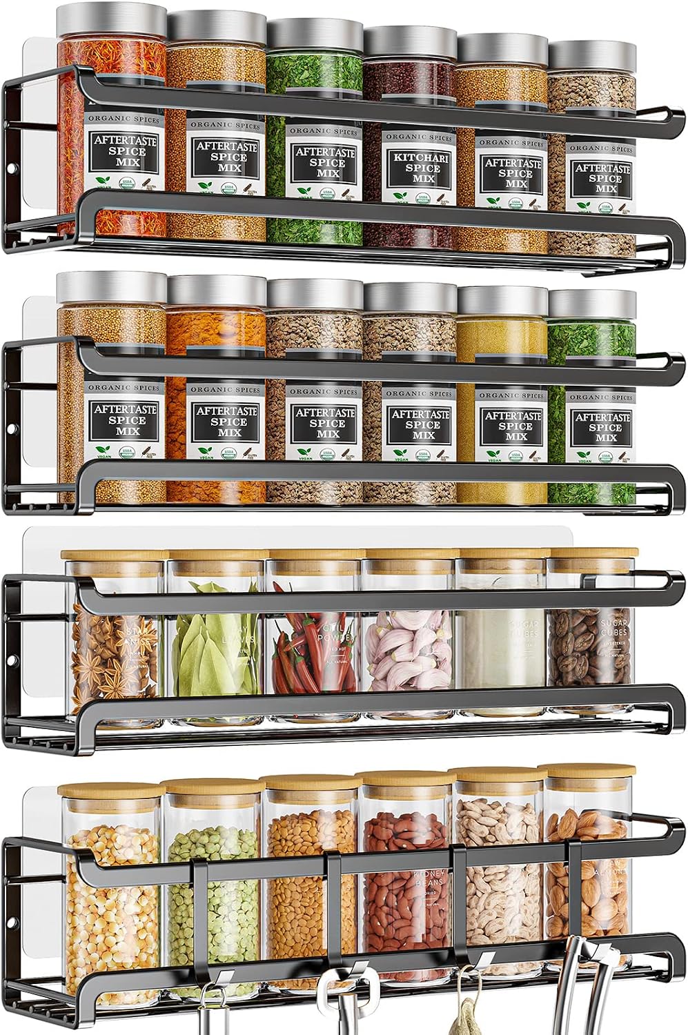 Bunoxea Spice Rack Wall Mounted 4 Pack, For Spice Jars & Seasonings,Black | 4 Removalble Hooks,Screw or Adhesive Hanging, Space-Saving,For Kitchen Cabinet, Pantry Door,Stove,RV Use,11.41×2.75×2.75in