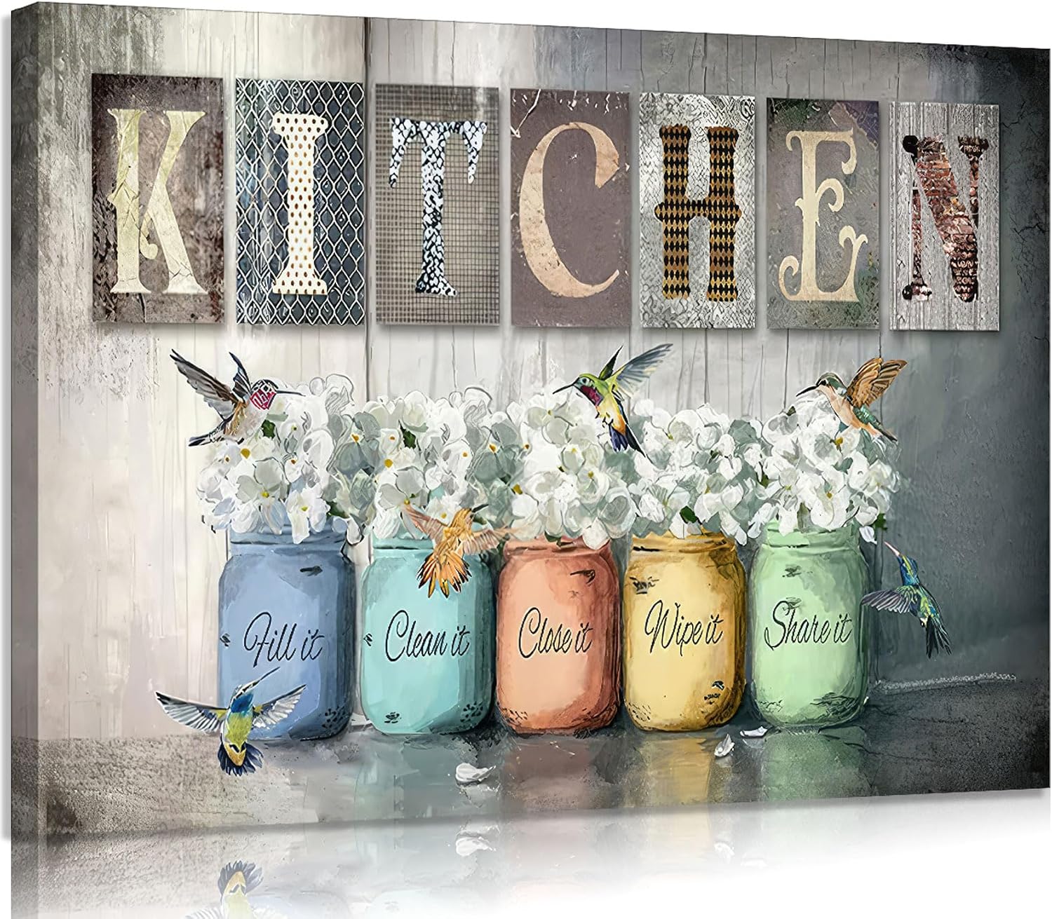 Framed Vintage Kitchen Canvas Wall Art Rustic Farmhouse Kitchen Picture Vibrant Mason Jar Floral Poster Print With Hummingbird And Motivational Phrase for Kitchen Dining Room Home Decor 16x12in