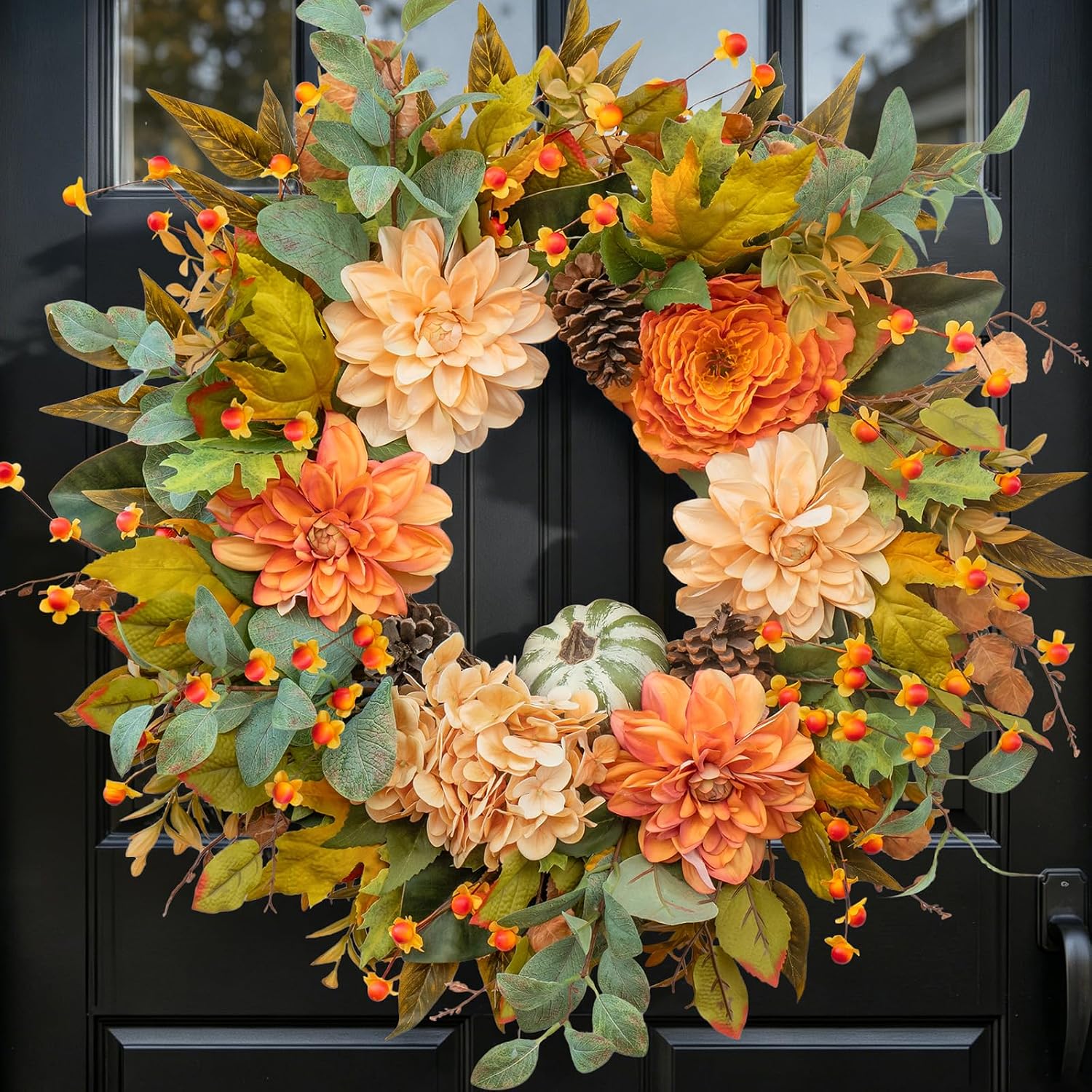 24 Inch Harvest Fall Wreaths for Front Door Outside with Dahlia & Pumpkins | Autumn Wreath with Pinecones and Eucalyptus Leaves – Rustic Farmhouse Porch Decor for Thanksgiving Halloween Indoor Outdoor