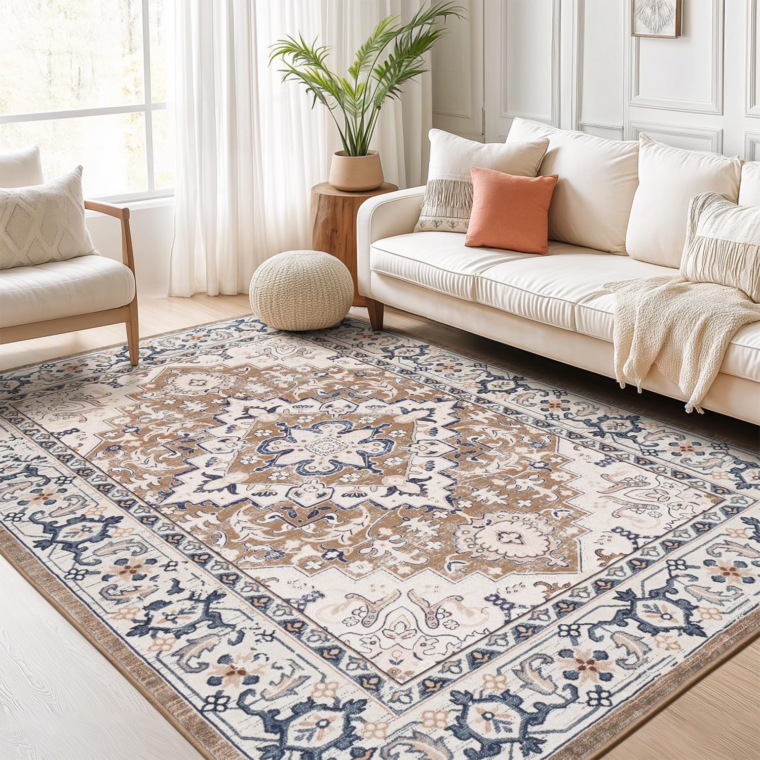 Lofus 5×7 Area Rugs for Living Room, Washable Area Rug, Rugs for Bedroom, Kitchen, Vintage Boho Carpet, Soft Non-Slip, Low Pile Large Area Rug for Office Dining Room, Floral Brown