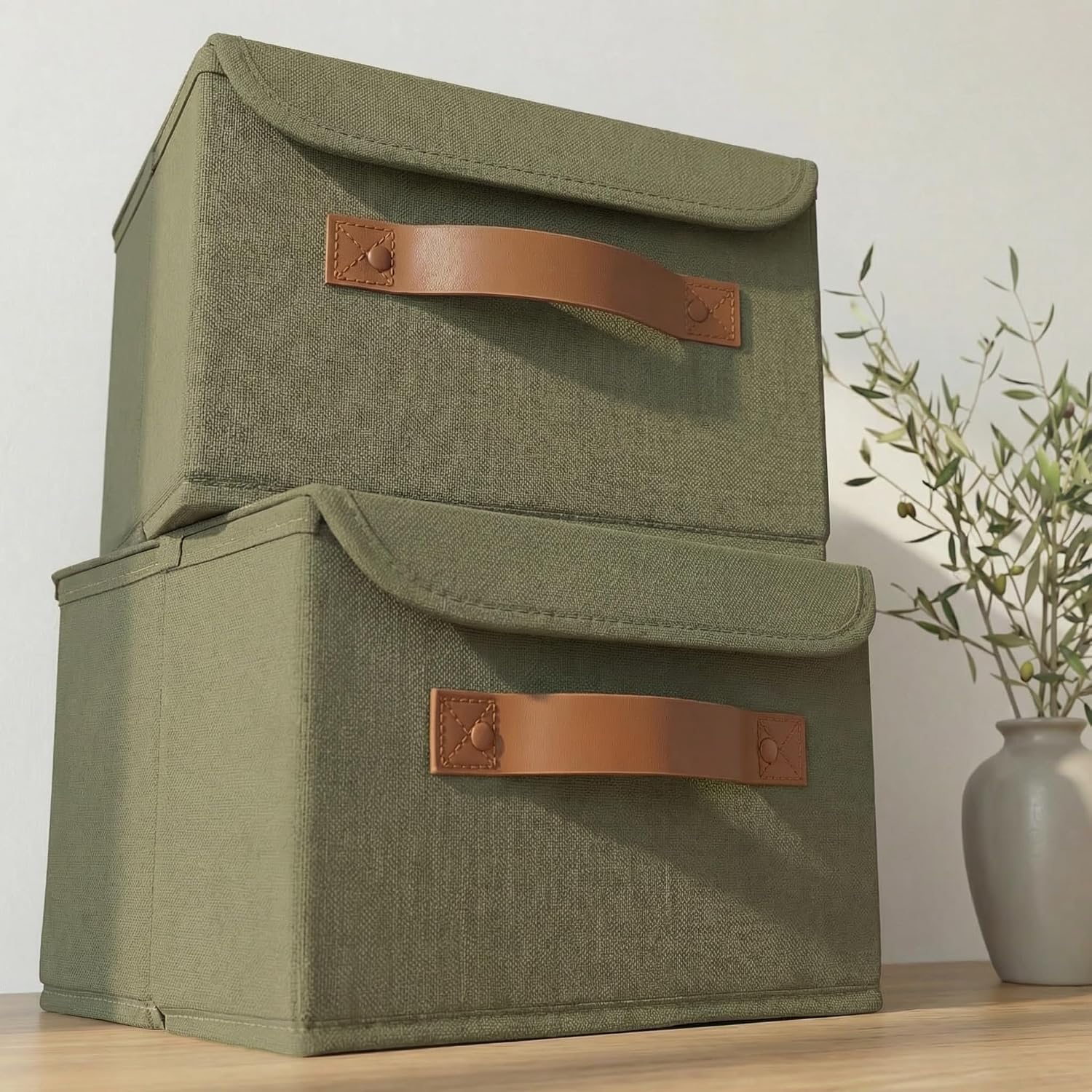 Decorative Linen Storage Boxes with Lids – Spacious Set of 2 Organizer Bins for Your Home Decor – The Perfect Small Container to Safely Store Photos, Documents and Memory Box Keepsakes in Style