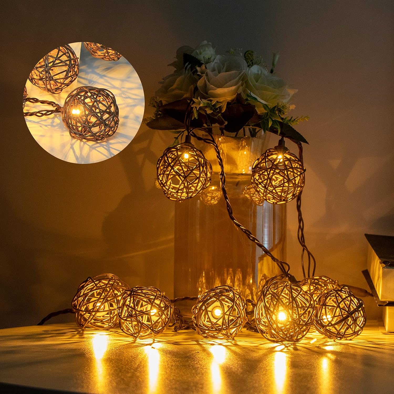 Vigdur Patio String Lights, 10FT Rattan Lantern String Lights Plug in | 10 Warm White Led Bulbs, 10 Strands Connectable, IP44 Waterproof, UL Listed, Hanging Lights for Bedroom Porch Party Backyard
