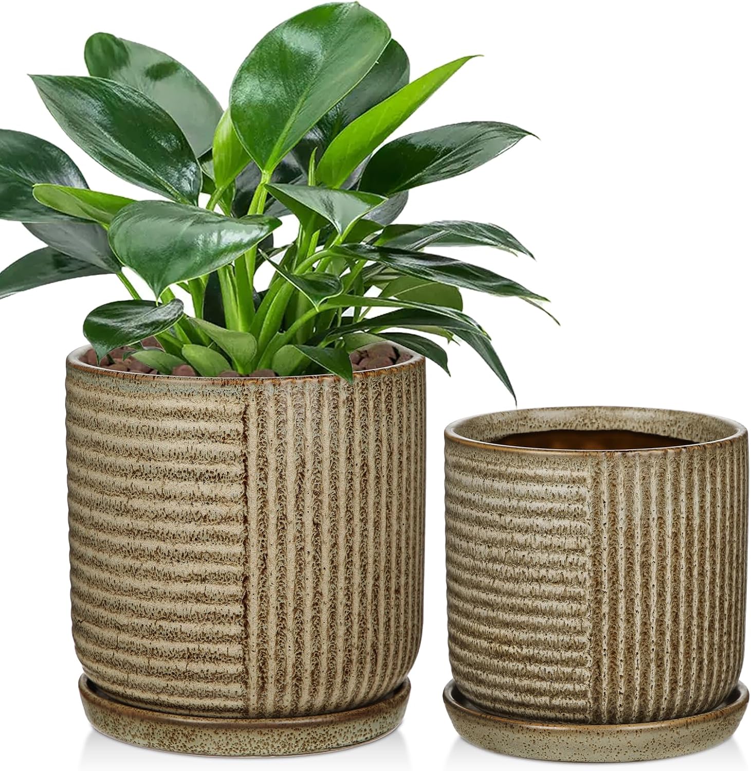 Oairse Ceramic Pots for Indoor Plants, 6.1 +4.9 inch Pots for Plants Set of 2 Brown Plant Pots with Drainage Holes and Saucers Texture Ceramic Planters Indoor Outdoor Flower Pot for Succulent