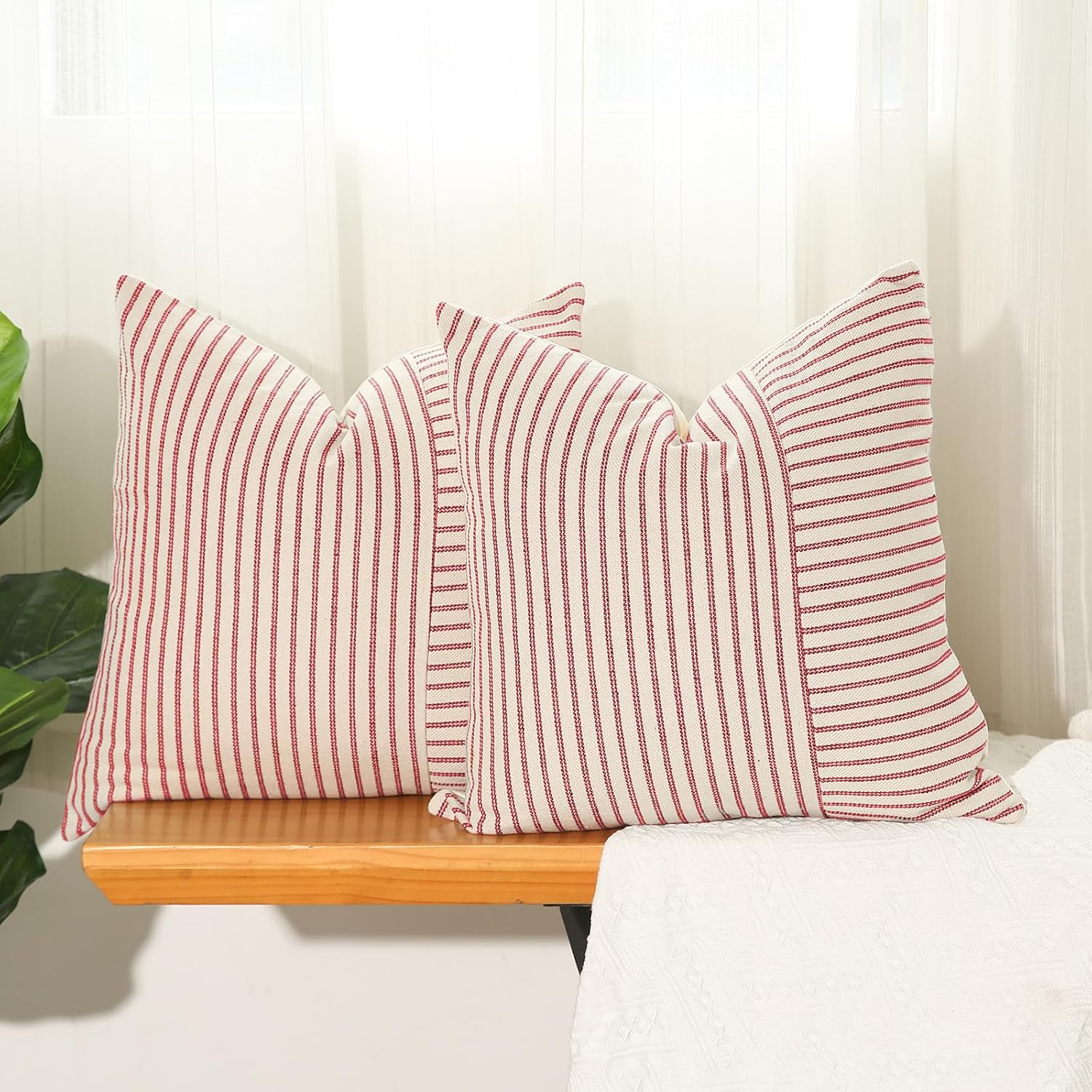 Hckot Christmas Pillow Covers 18×18, Red Throw Pillow Covers Set of 2, Striped Linen Decorative Pillows Cushion Covers for Couch Chair Beding Xmas Winter Decorations(Red)
