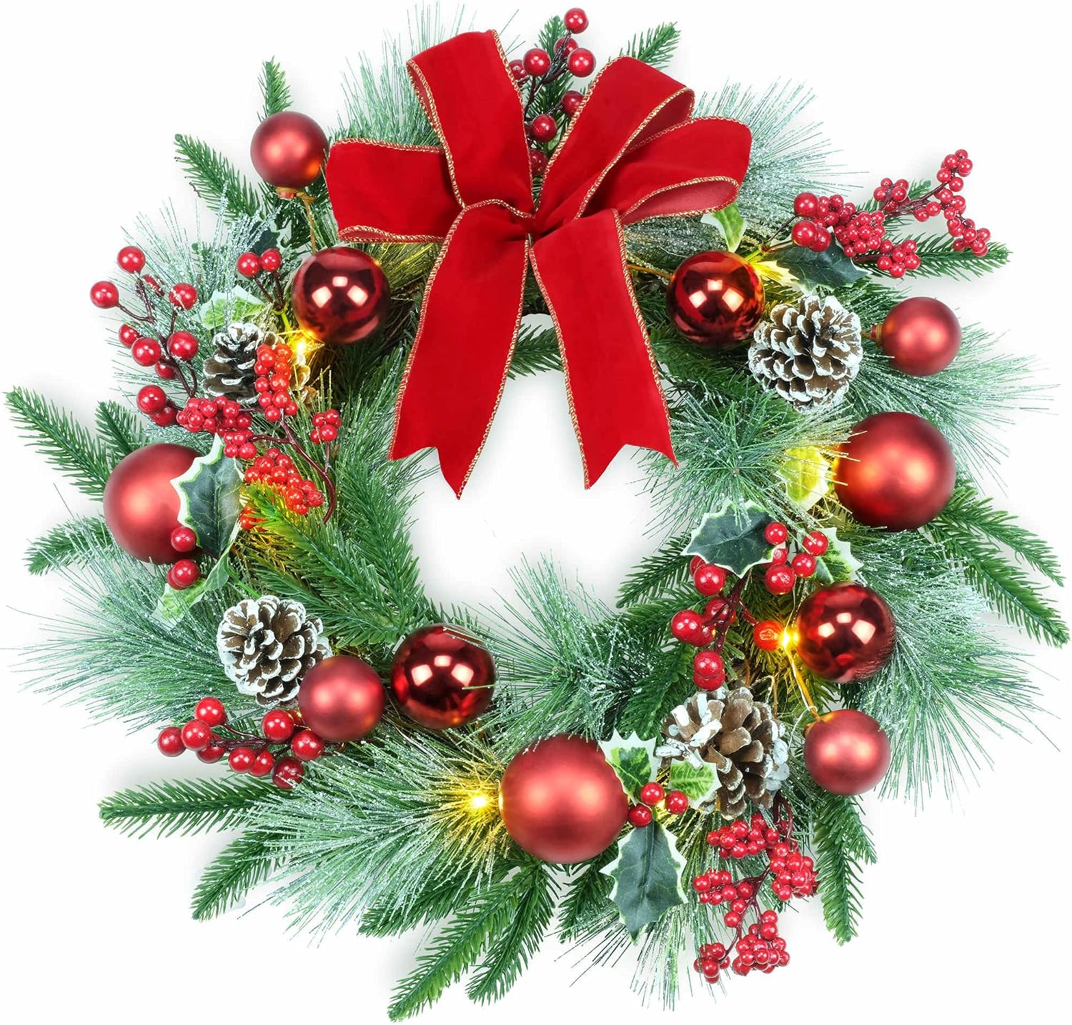 YULETIME 20″ Pre-Lit Red Christmas Wreath, 20 Fairy Lights Battery Operated | Red Bowknot & Baubles, Pine Cones, Red Berries, Green Leaves Holly, Spruce Branches, Pine Needles