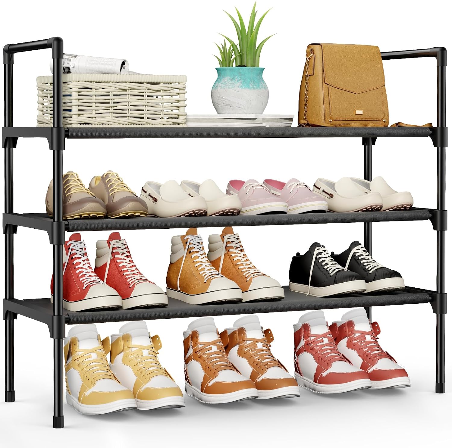 Kitsure Shoe Rack – 3-Tier Shoe Organizer, Shoe Rack for Closet, Entryway, Bedroom, Easy- Assembly Storage Shelf with Side Handles, 27.6″ Wide – 3 Tiers, Black