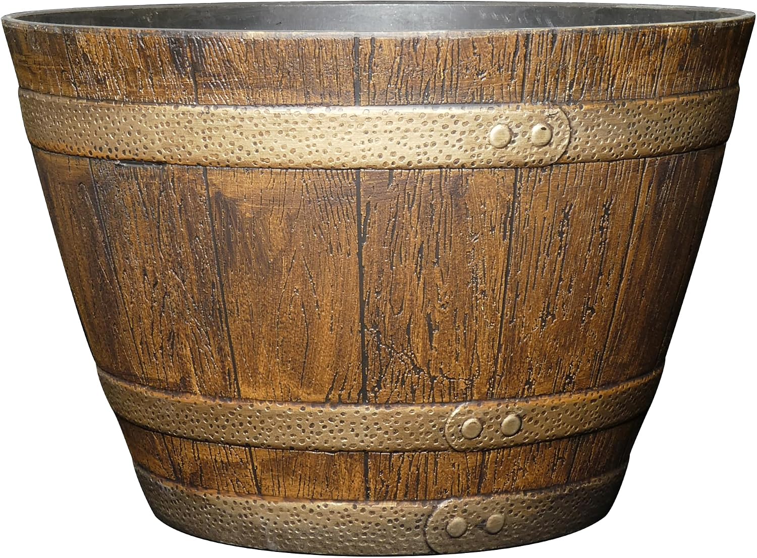 Whiskey Barrel Planters, Wooden Finish Flower Planter Pot, Decorative Garden Pots, Indoor Outdoor Resin Planters, Weather-Resistant Plant Pot (15” Oak Brown, 1-Pack) | Stylish Resin Flower Plant Pots, Indoor & Outdoor Planter, Weather-Resistant, Great for Patio, Home & Garden Decor Accent