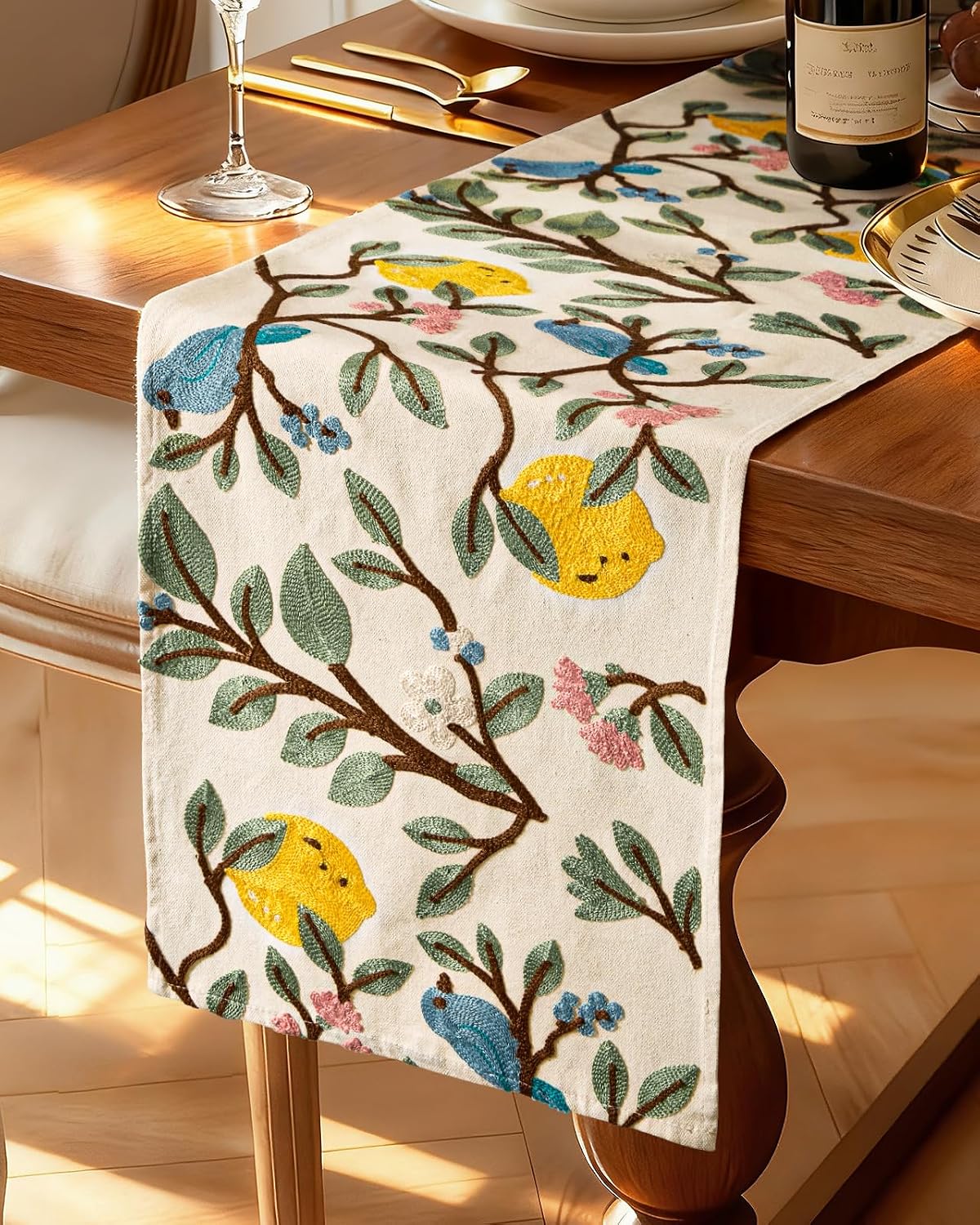 Canvas Embroidered Narrow 13″x 72″ Table Runner, Lemon Bird | Exquisite Embroidery, Rustic texture, Machine Washable, Lays Flat, Durable, Easy to Care, Decorative, Ready to Gift