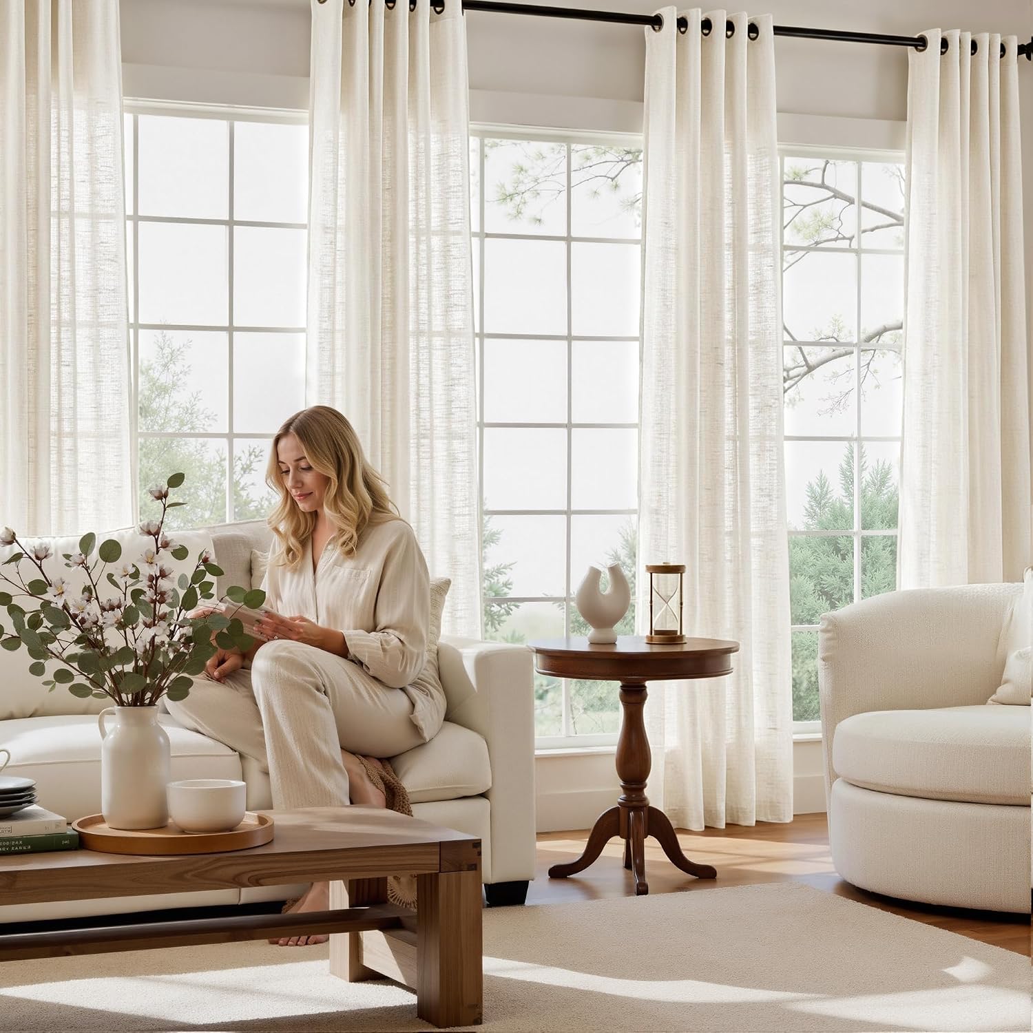 NICETOWN Semi Sheer Linen Burlap Curtains for Living Room, Grommet Light Filtering Airy & Elegant Window Treatments Natural Linen Blend Home Decor for Bedroom, W52 x L96, 2 Panels