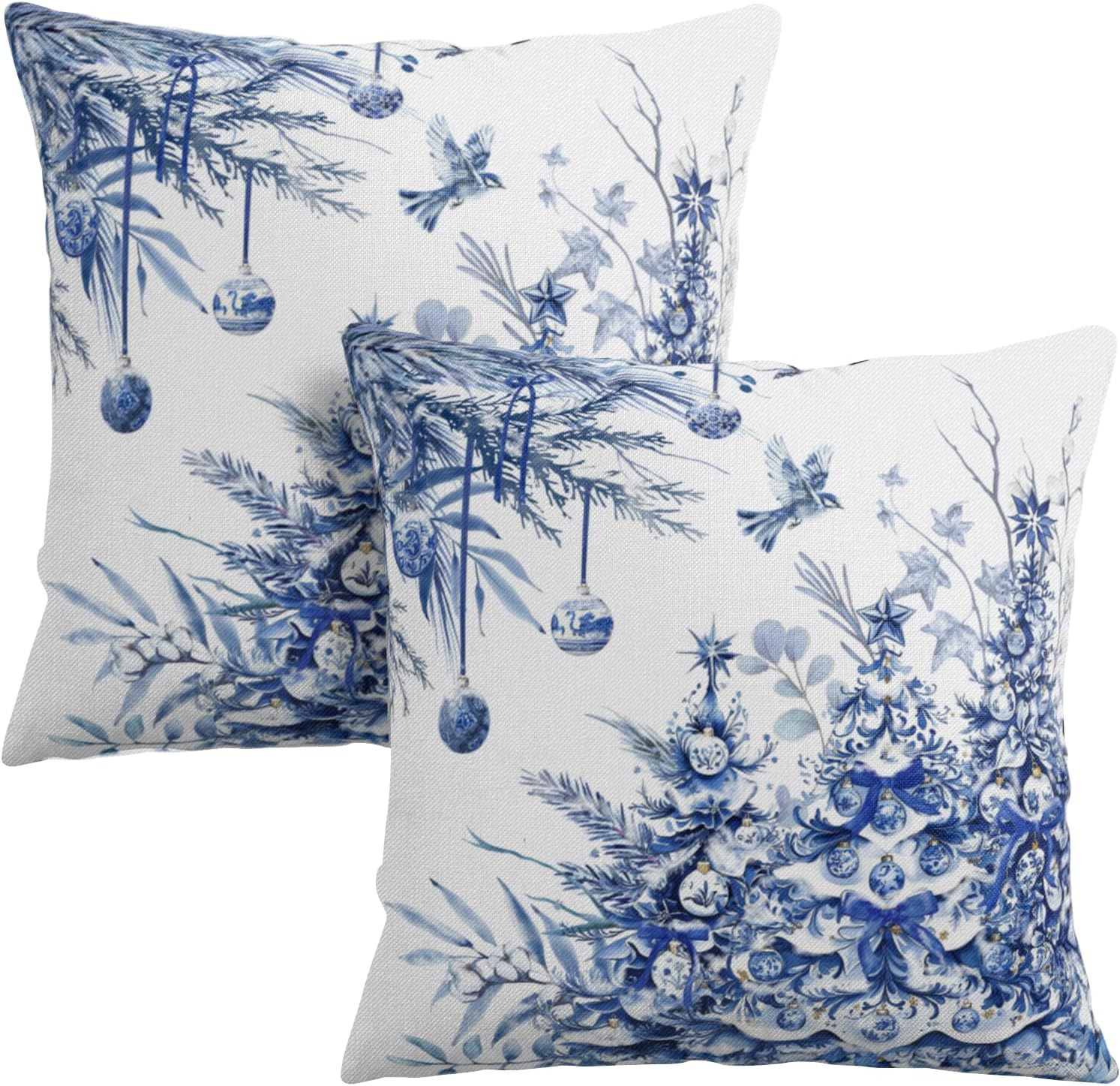 Christmas Tree Pillow Covers 18×18 Set of 2 Winter Blue White Chinoiserie Christmas Decorative Outdoor Throw Pillow Cases Farmhouse Xmas Holiday Pillowcase for Sofa Couch Porch
