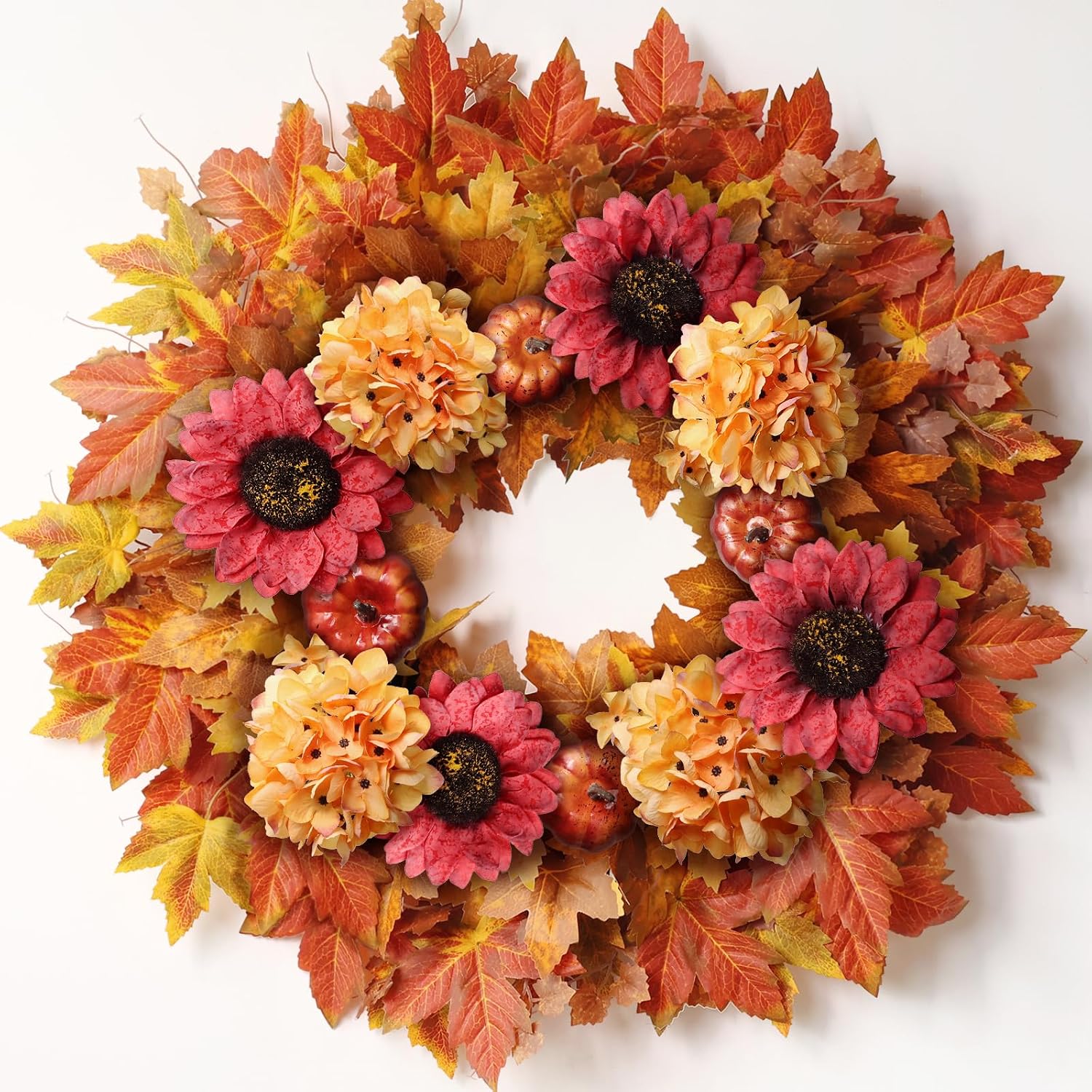 28″ Large Artificial Fall Wreath for Window Front Door Porch Decor(Orange) | Lifelike Faux Maple Leaves Fake Sunflower Hydrangea Pumpkin Wreath,for Autumn Thanksgiving Day Harvest Festival Decor