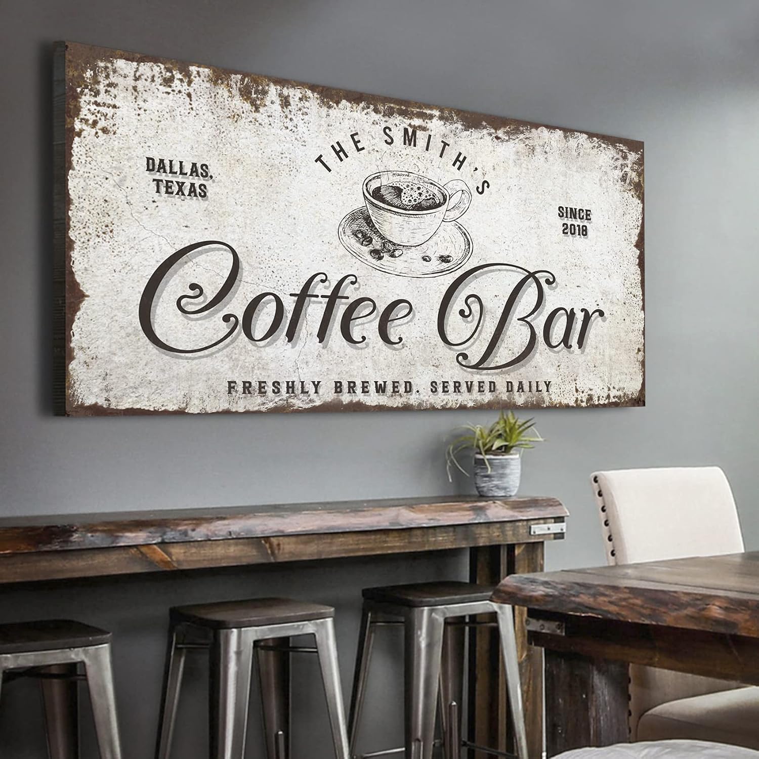 Custom Coffee Bar Sign – Small and Large Canvas Wall Art Decor for Home, Kitchen, Business and Office – Personalized Rustic Coffee in Vintage Cup, 20x10in