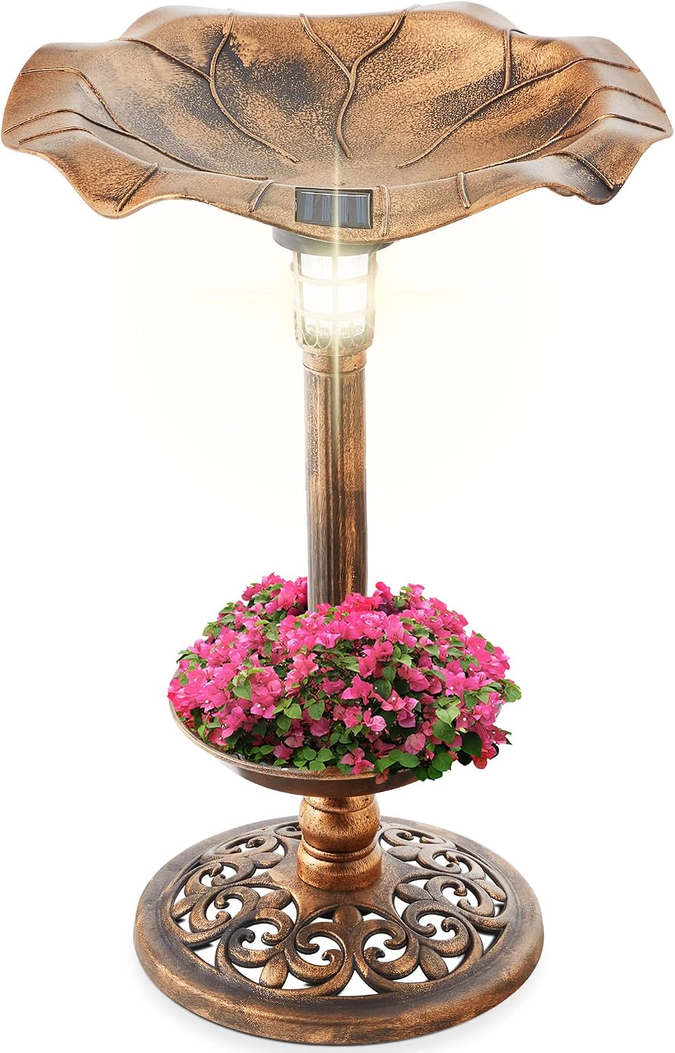 Best Choice Products Outdoor Solar Lighted Pedestal Bird Bath Fountain Decoration w/Planter, Integrated Panel, Scroll Accents for Lawn, Garden – Bronze
