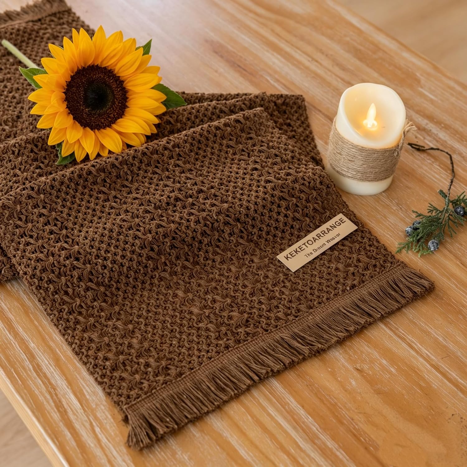 Keketoarrange Boho Macrame Table Runner 13×48 Inch | Woven Burlap Rustic Runner | Ideal for Coffee Table, Dresser & Dining Room | Brown Bohemian Decor