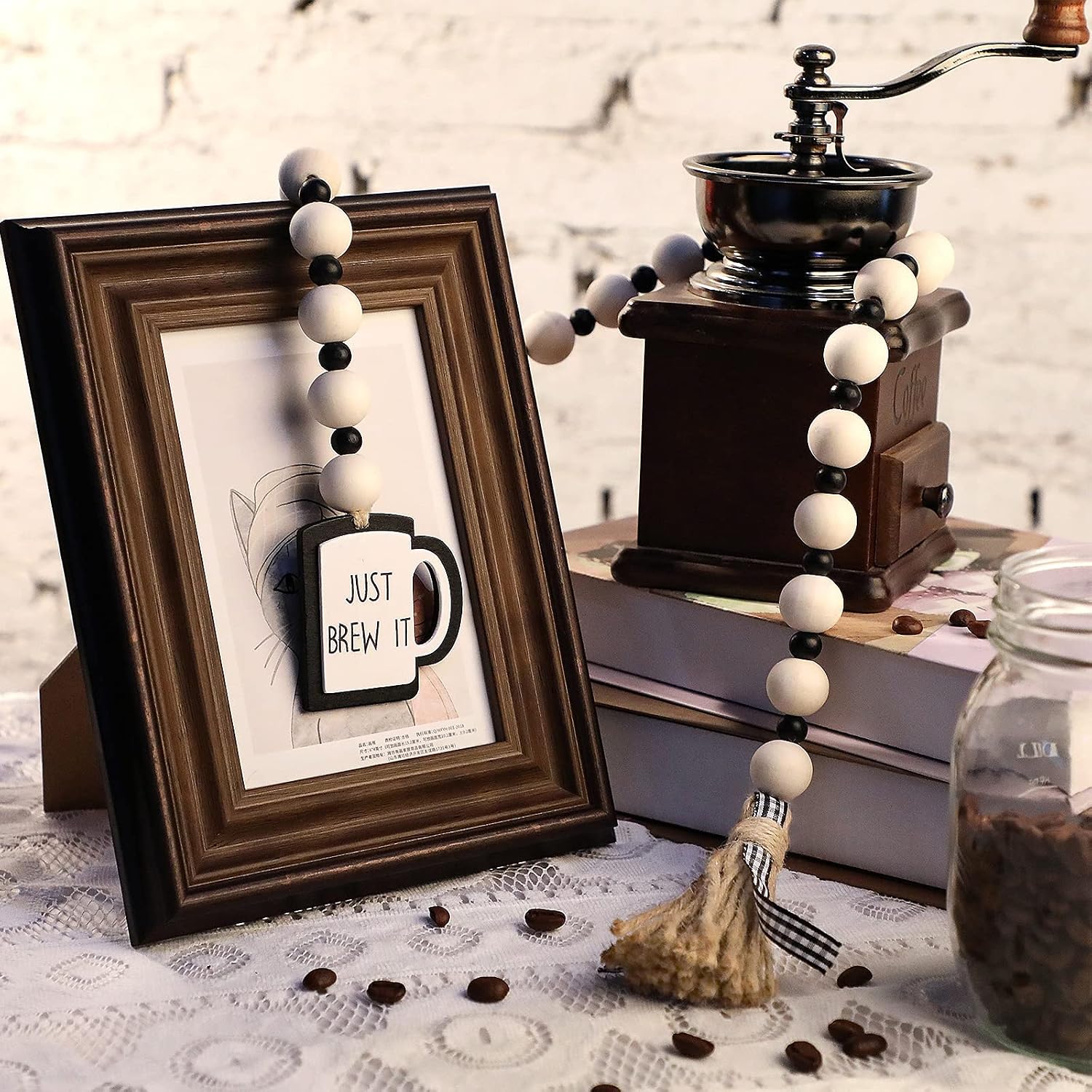 Jetec Coffee Bar Decor Wood Bead Garland with Tassel Coffee Bar Try Decor Accessories, Table, Shelf, Rustic Farmhouse Home