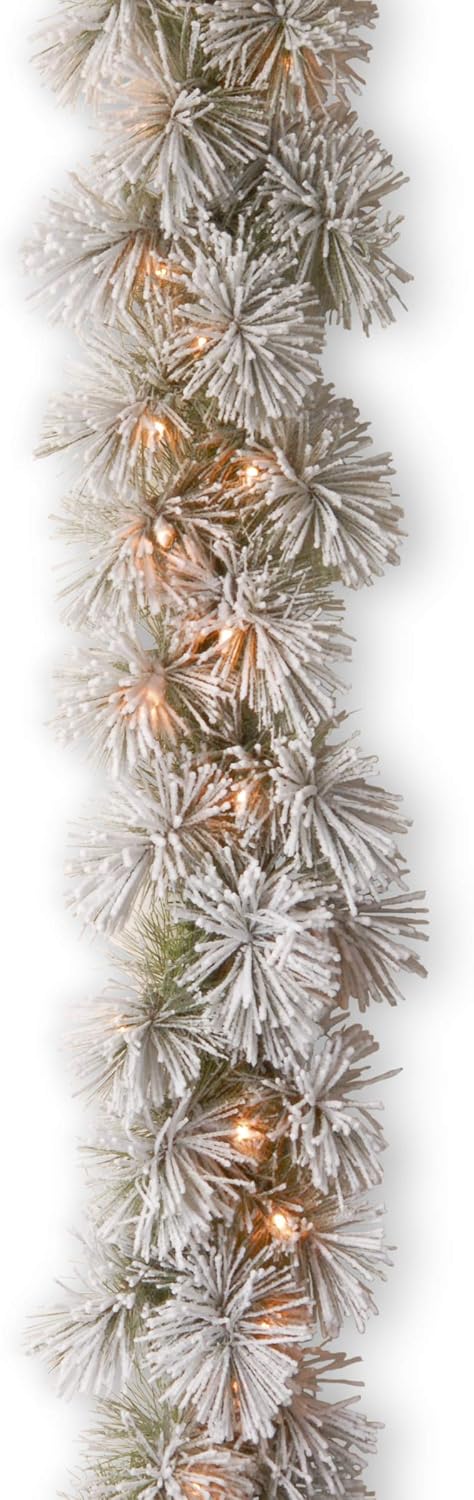 National Tree Company 9 ft Pre-Lit Snowy Bristle Pine Artificial Christmas Garland, Christmas Decoration with 70 Clear Lights, 75 Tips, Green