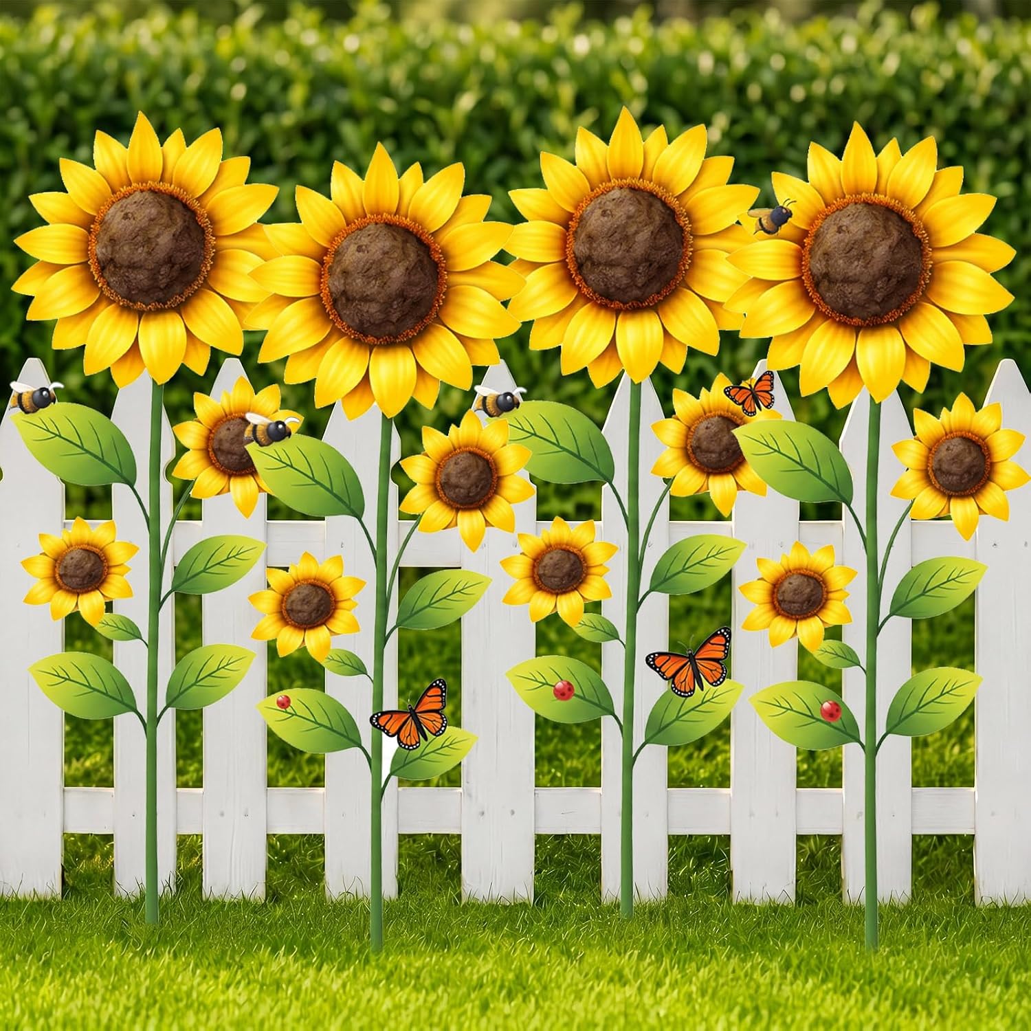 4 Pack Garden Decor for Outside 15.7” Metal Sunflower Garden Stakes Decorative Summer Flowers Metal Yard Art Rust Proof Plant Sticks for Outdoor Lawn Yard Patio Porch