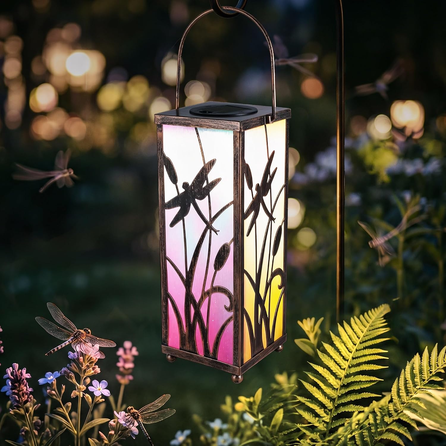 ODEETRONIC Dragonfly Solar Lantern, Colorful Metal Hanging Outdoor Light | Waterproof Decorative garden patio; Colorful film shade; Warm white; Birthday gifts mom grandma women; LED yard pathway decor