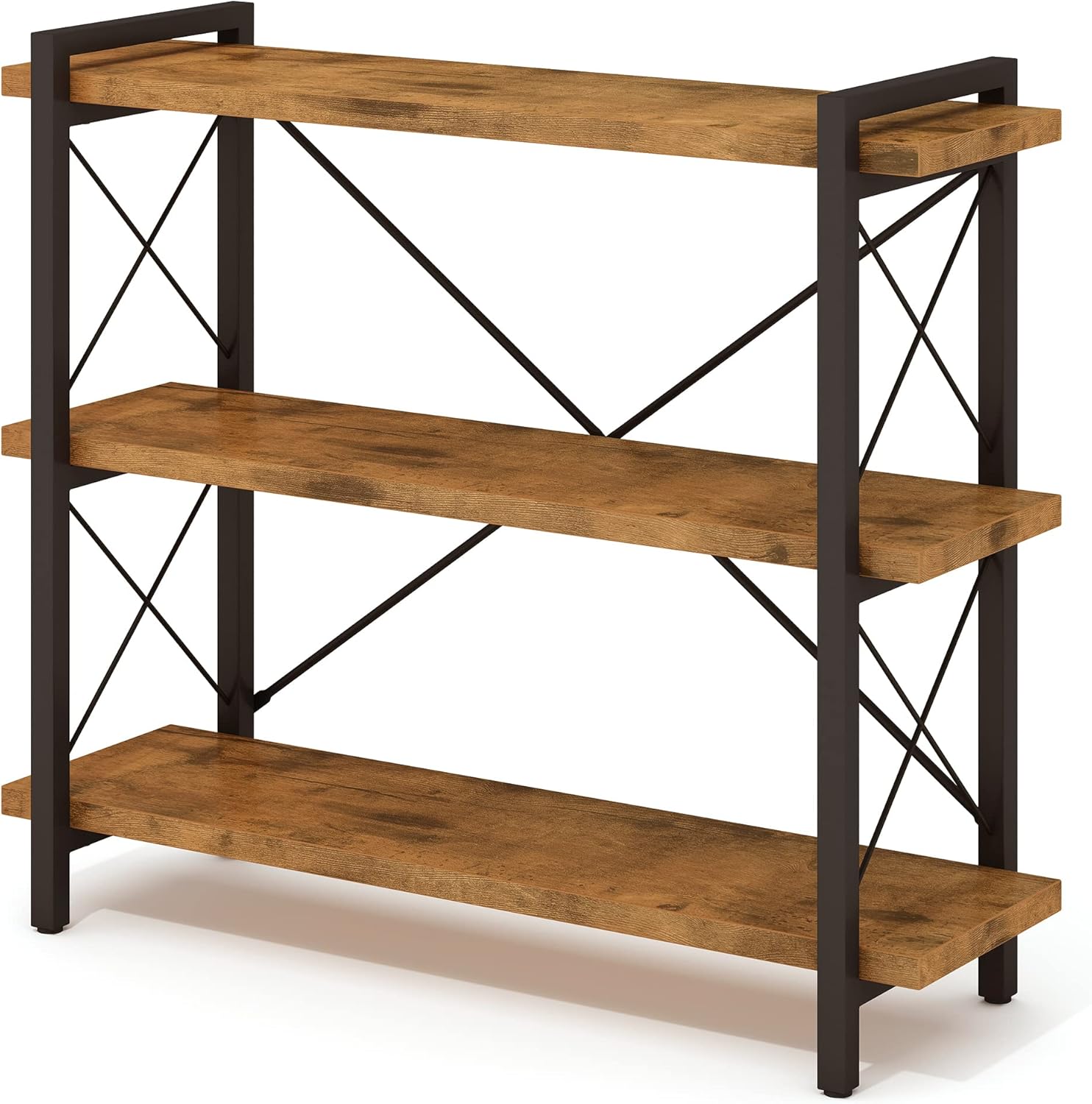 HCHQHS 3-Tier Industrial Bookshelf, 35″ W x 12″ D x 35″ H | 1.2″ Shelf Thickness, 14.17″ Shelf Height, Wood and Metal, Horizontal, Rustic Brown, for Office Living Room Bedroom