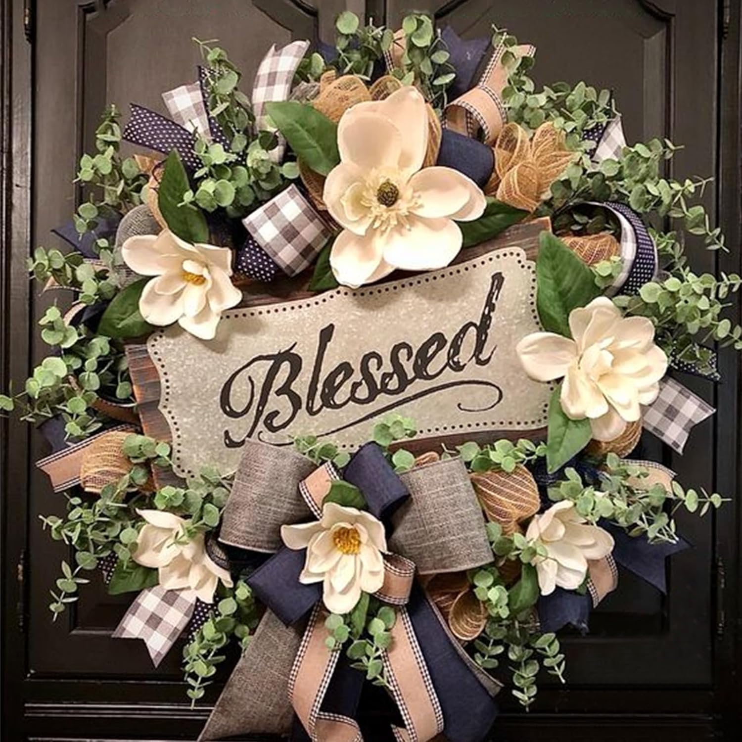 Spring Summer Wreath for Front Door,Farmhouse White Floral Porch Decoration,Front Door Hanger,Housewarming Gift, Buffalo Plaid Year Round Wreath,Summer Home Decor