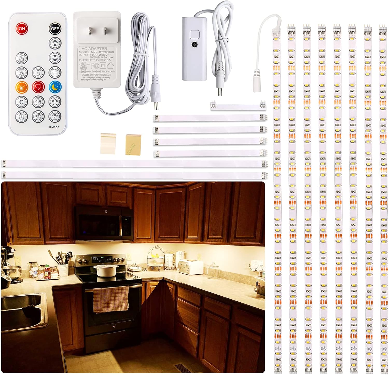 WOBANE 8PCS 20inch Under Cabinet Lighting with Remote,Warm White LED Light | Dimmable,24W Adapter,Ultra Bright 240-LED Light for Kitchen,Counter,Shelf,TV Back, Memory Function,Timing,1900lm,2700K,13ft