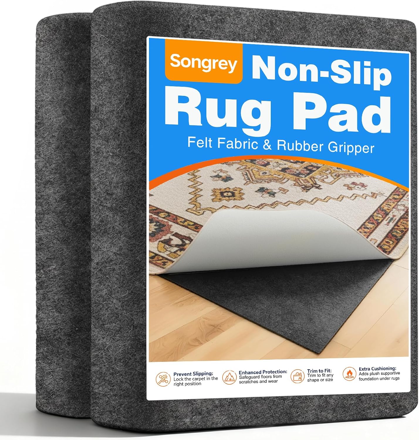 Songrey Thick Cushioned Non-Slip Rug Pad 8×10 Ft | Felt Fabric with Anti Skid Backing, Carpet Gripper for Hardwood Floors, Keeps Area Rugs in Place and Secure