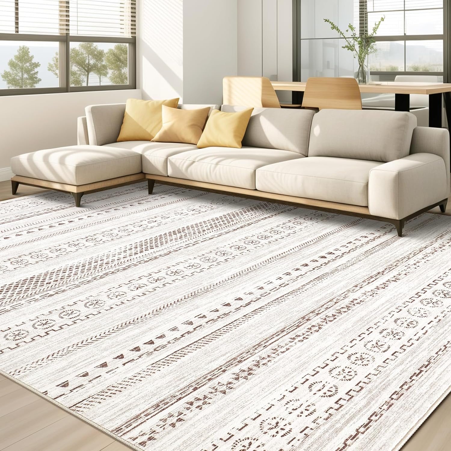 kakania 8×10 Washable Area Rug: Non Slip Soft Thin Carpet, Boho Geometric Modern Decor, Easy Clean Indoor Floor Large Rugs for Living Room Bedroom Kids Dorm Office Dining – Brown