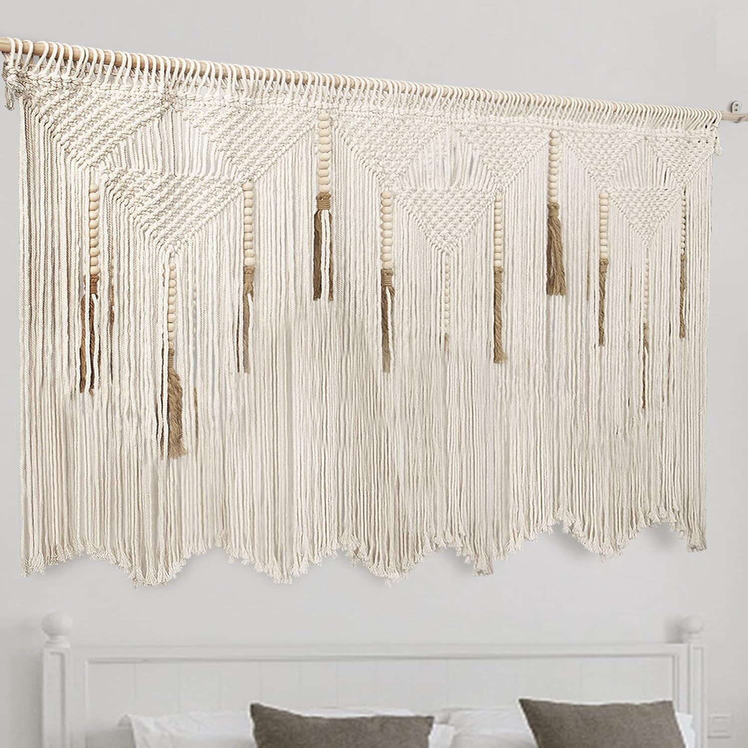 Extra Large Macrame Wall Hanging 70.8″ × 39″ Boho Tapestry Woven Decor- Cotton Tassel Curtain Beige Chic Bohemian Wall Art for Home Living Room Bedroom Dorm Wedding (Includes Rod)