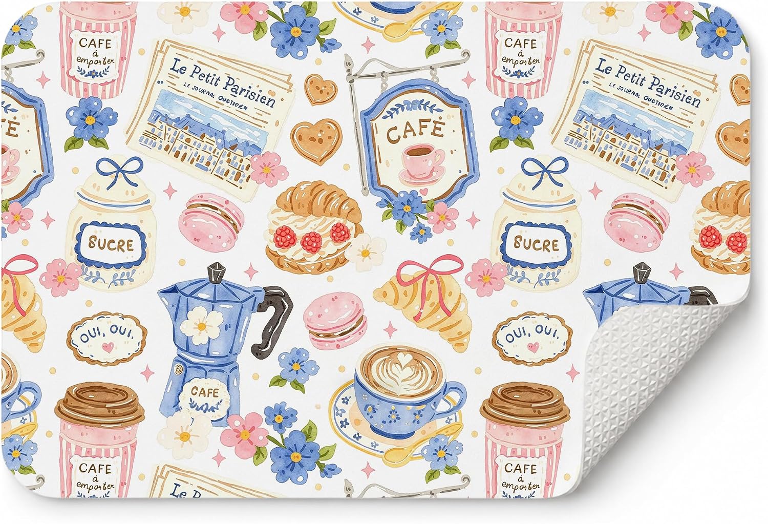 French Coffee Dish Drying Mat 16×24 Inch 079GZD | French Coffee Bar Cafe Kitchen Decor,Coquette Cute Bread Dish Drying Coffee Mat for Kitchen Countertops Coffee Maker
