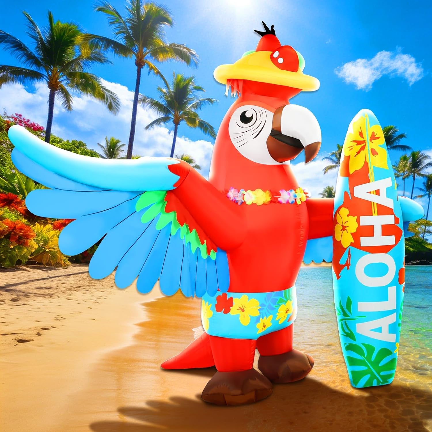 Inflatable Parrot Decorations 5FT Luau Hawaiian Surfboard Blow up Beach Party Decor for Summer Tropical Holiday Outdoor Yard Aloha Tiki Built-in LED Lights Outside Lawn Pool
