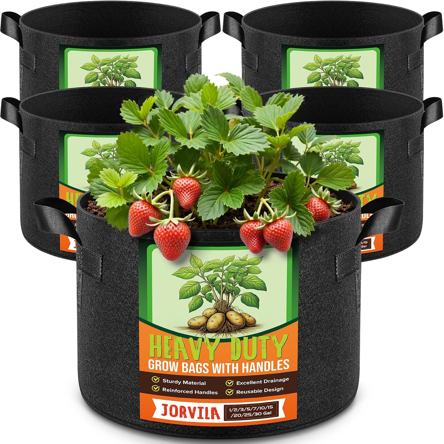 Jorvila 5-Pack 5 Gallon Grow Bags | Thickened Nonwoven Fabric Pots, Garden Grow Bags with Handles, Heavy Duty 300G Outdoor Planters