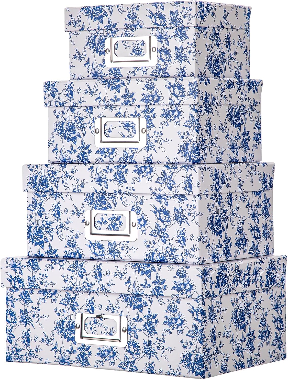 Briful Blue White Floral Nested Decorative Storage Boxes with Lids | 4Pcs Vanity Desktop Organizer Bin, Cardboard Photo Boxes Storage for Makeup, Office Supplies, Entryway Shelf Decor, Gift Box