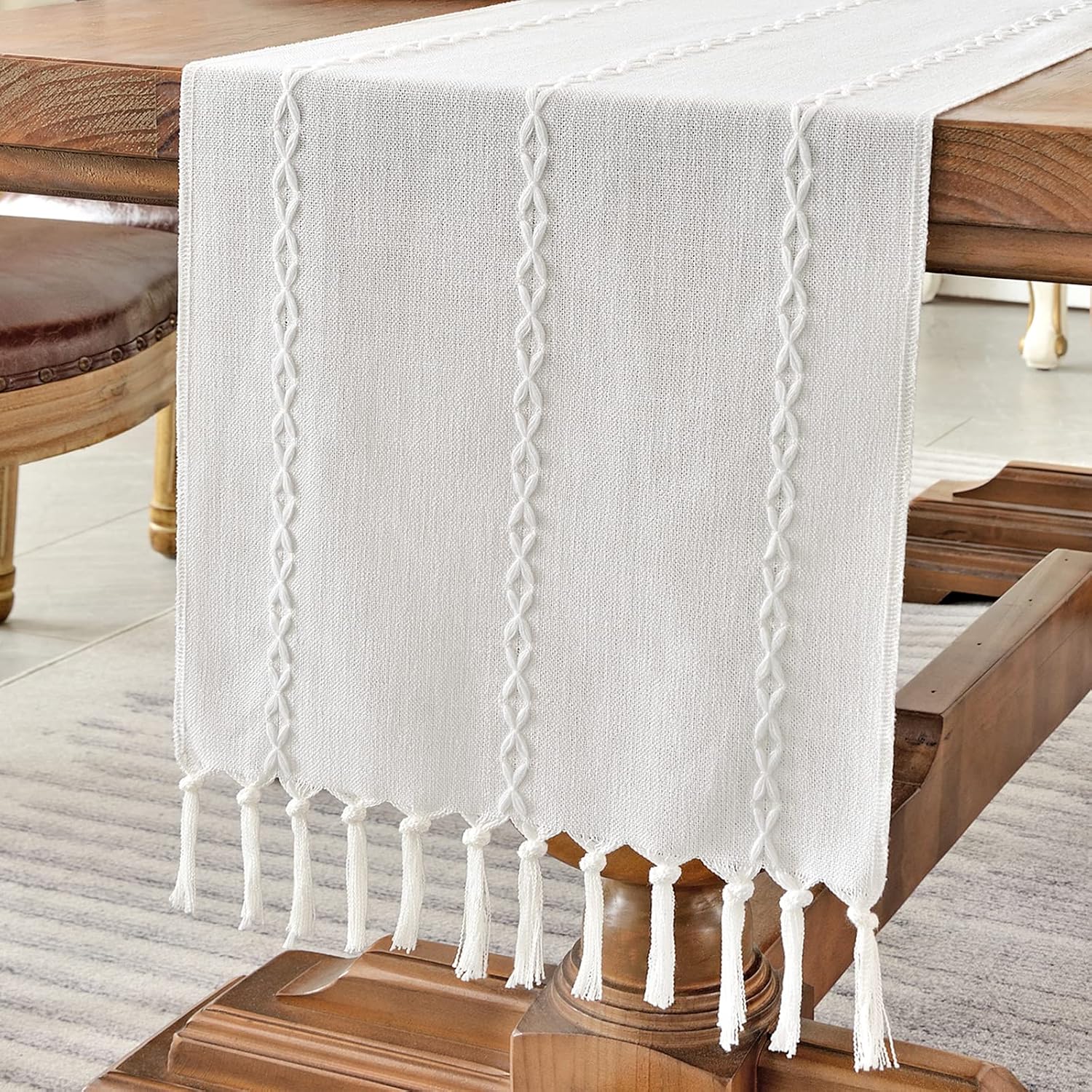 Wracra Rustic Linen Table Runner, White Table Runners 72 inches Long | Raised Embroidered Design and Hand-Tassels;Cotton Linen Woven Fabric; Farmhouse Table Runner;Home Kitchen Dining Decor