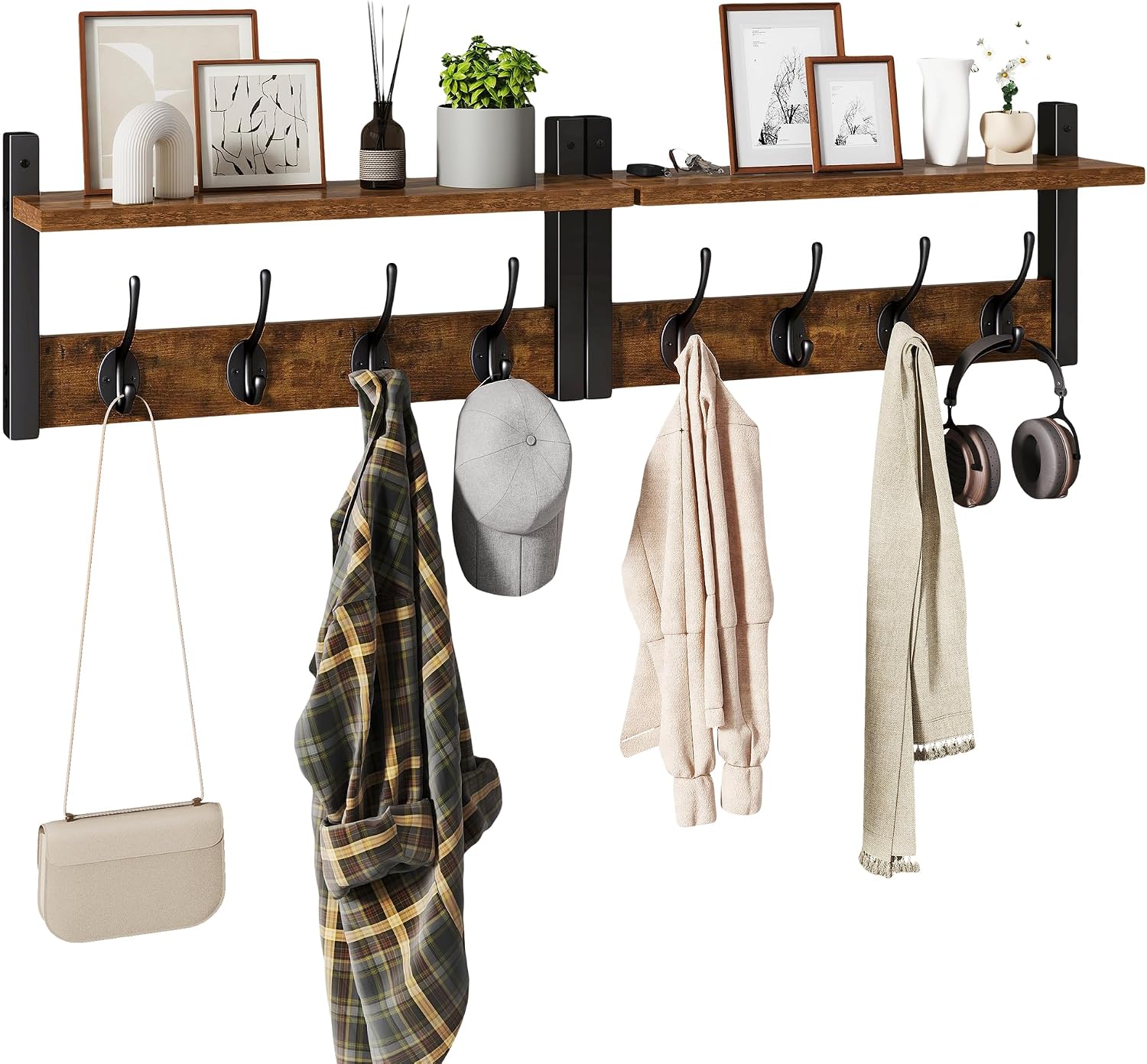 YMYNY Coat Rack Wall Mount with Shelf and Hooks, Rustic Brown UHWS001H-2 | 2 Pack Wooden Wall Mounted Coat Hanger with Shelf and 8 Double Hooks, Wall Coat Rack for Entryway Hallway Bedroom Bathroom