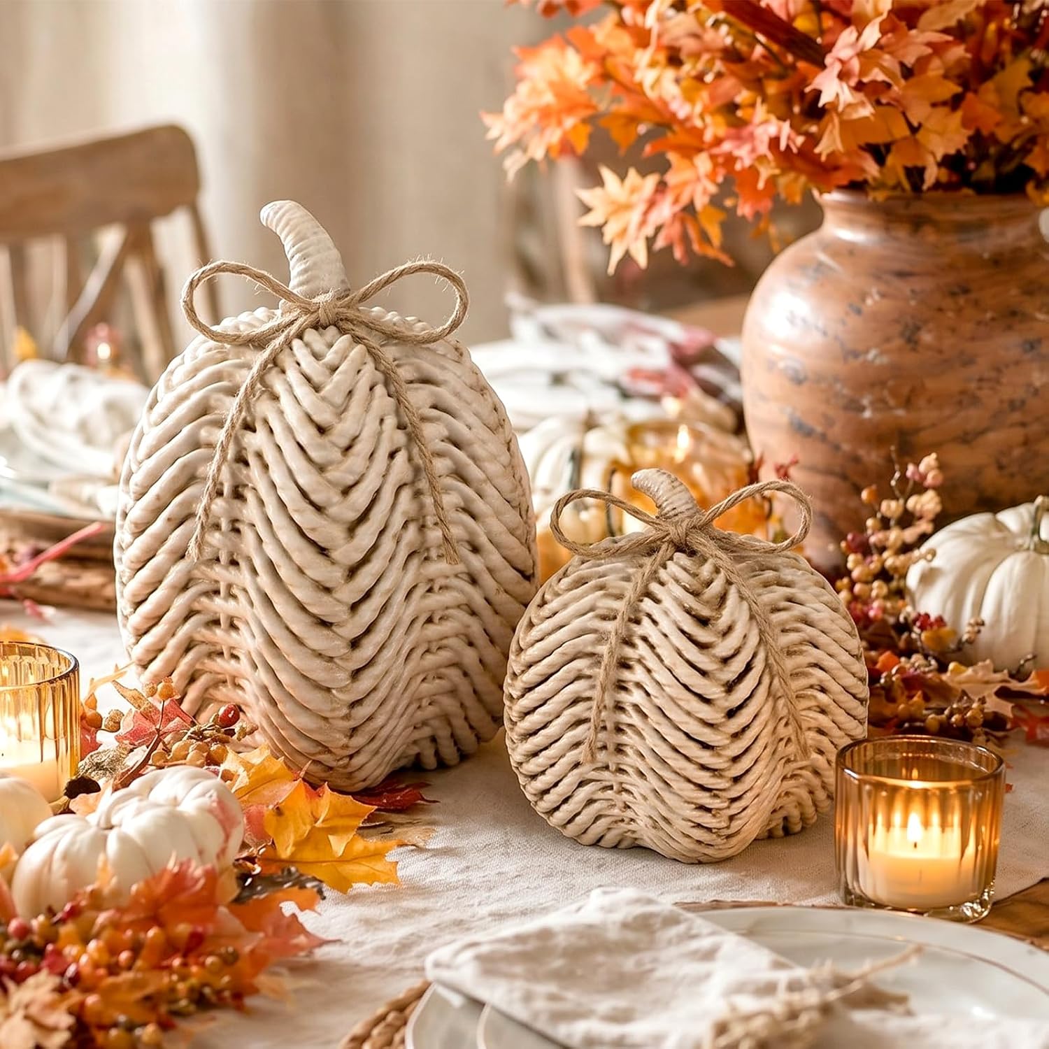 Wenqik Fall Pumpkin Decor Set of 2, Resin Thanksgiving Fake Pumpkin Figurines Imitation Rattan White Decorative Pumpkins Farmhouse Centerpiece for Autumn Thanksgiving Harvest Tabletop and Home Decor